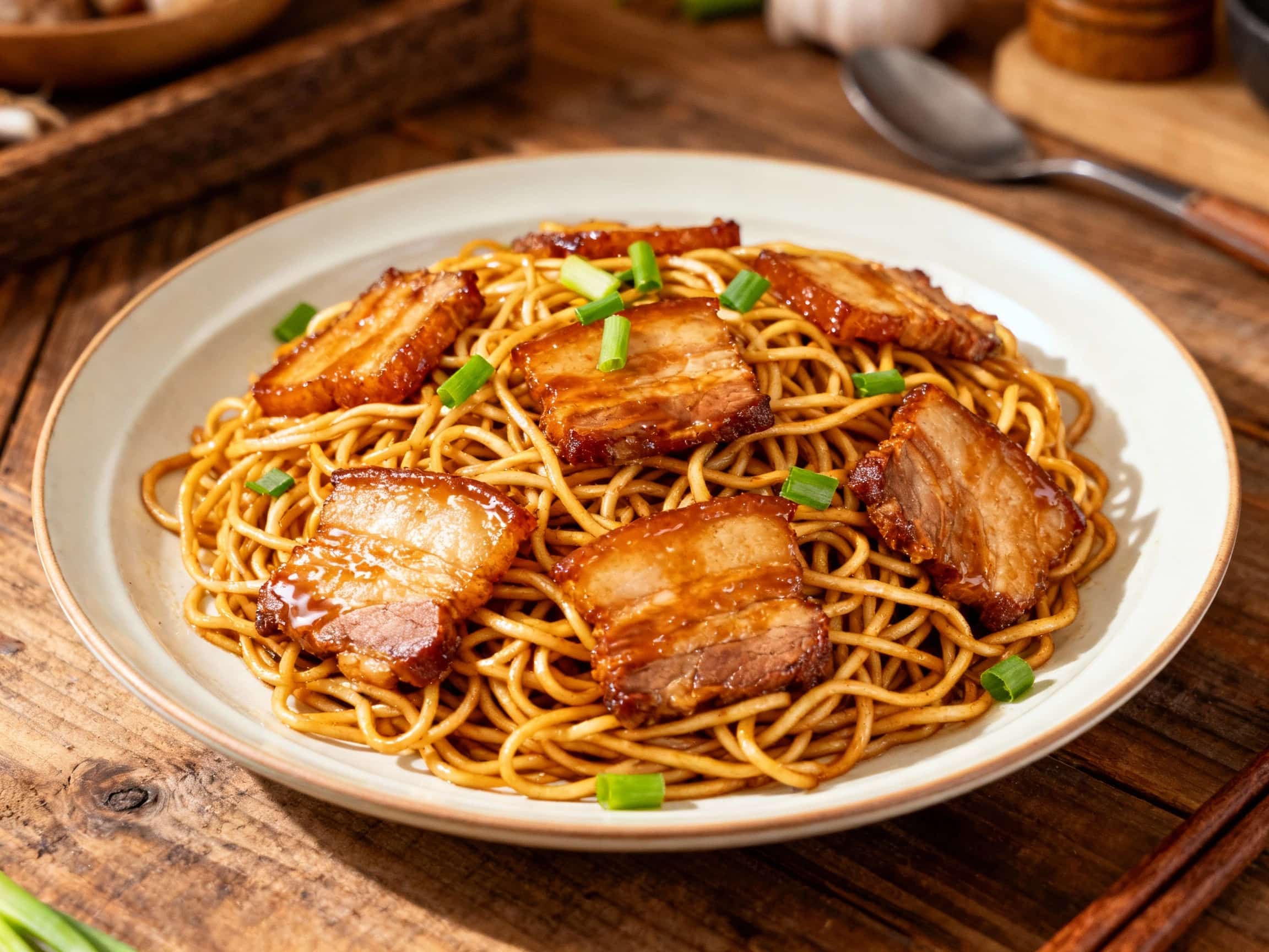 Tender pork belly and chewy e-fu noodles are tossed in a savory sauce, garnished with fresh cilantro and chili flakes, and served steaming in a rustic bowl.