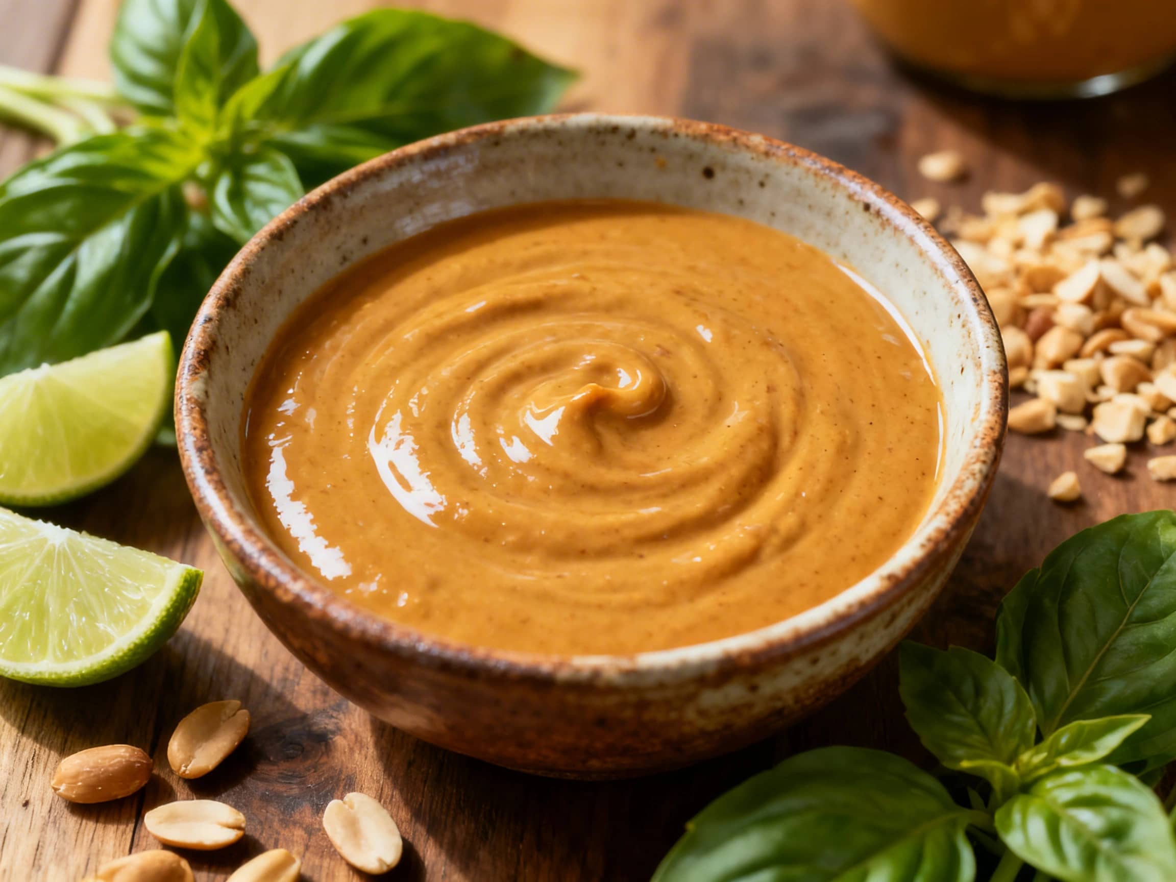 A rustic ceramic bowl holds a generous portion of creamy Quick Thai Peanut Sauce. The sauce is a rich, warm brown, garnished with bright green chopped cilantro and crunchy, crushed peanuts. A subtle swirl of red chili oil adds a pop of color to the otherwise smooth surface, inviting the viewer to appreciate its depth of flavor. The scene is lit by natural light, giving the sauce a comforting, home