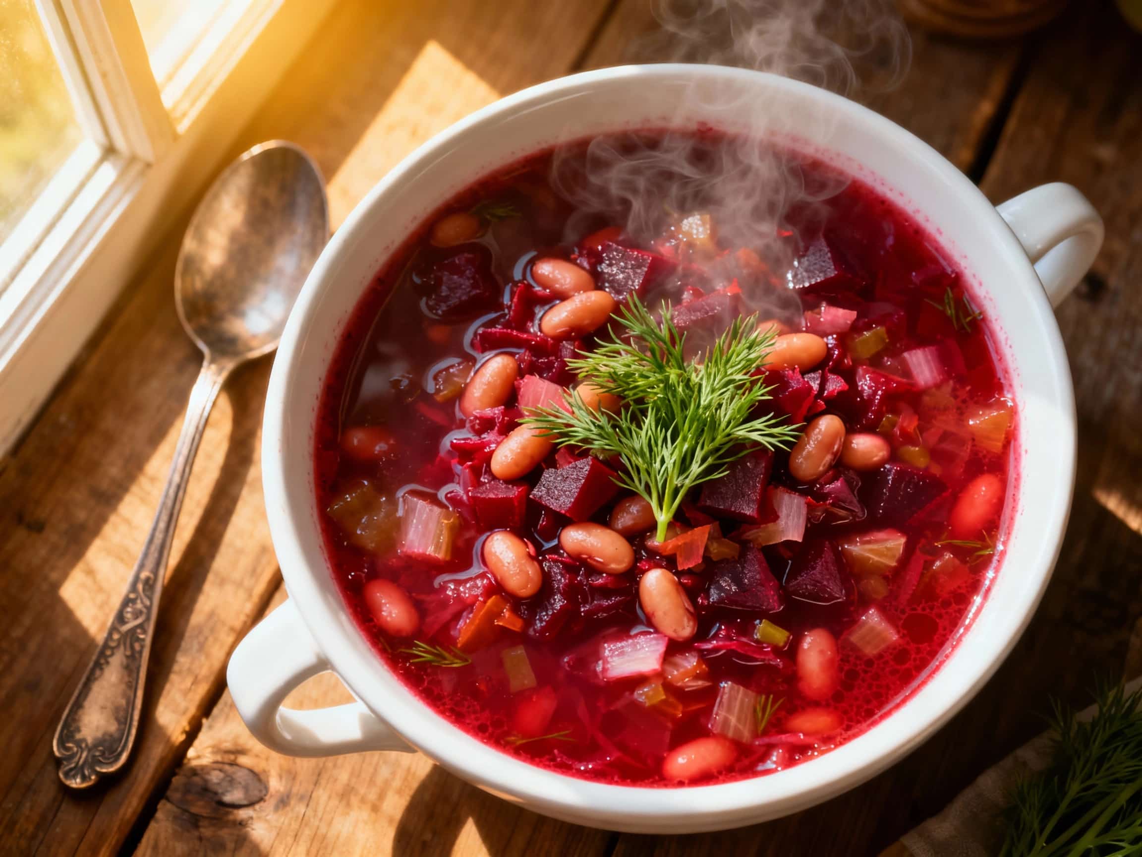 A steaming bowl of vibrant red borscht is generously garnished with a dollop of sour cream and fresh dill, inviting a hearty and comforting meal.