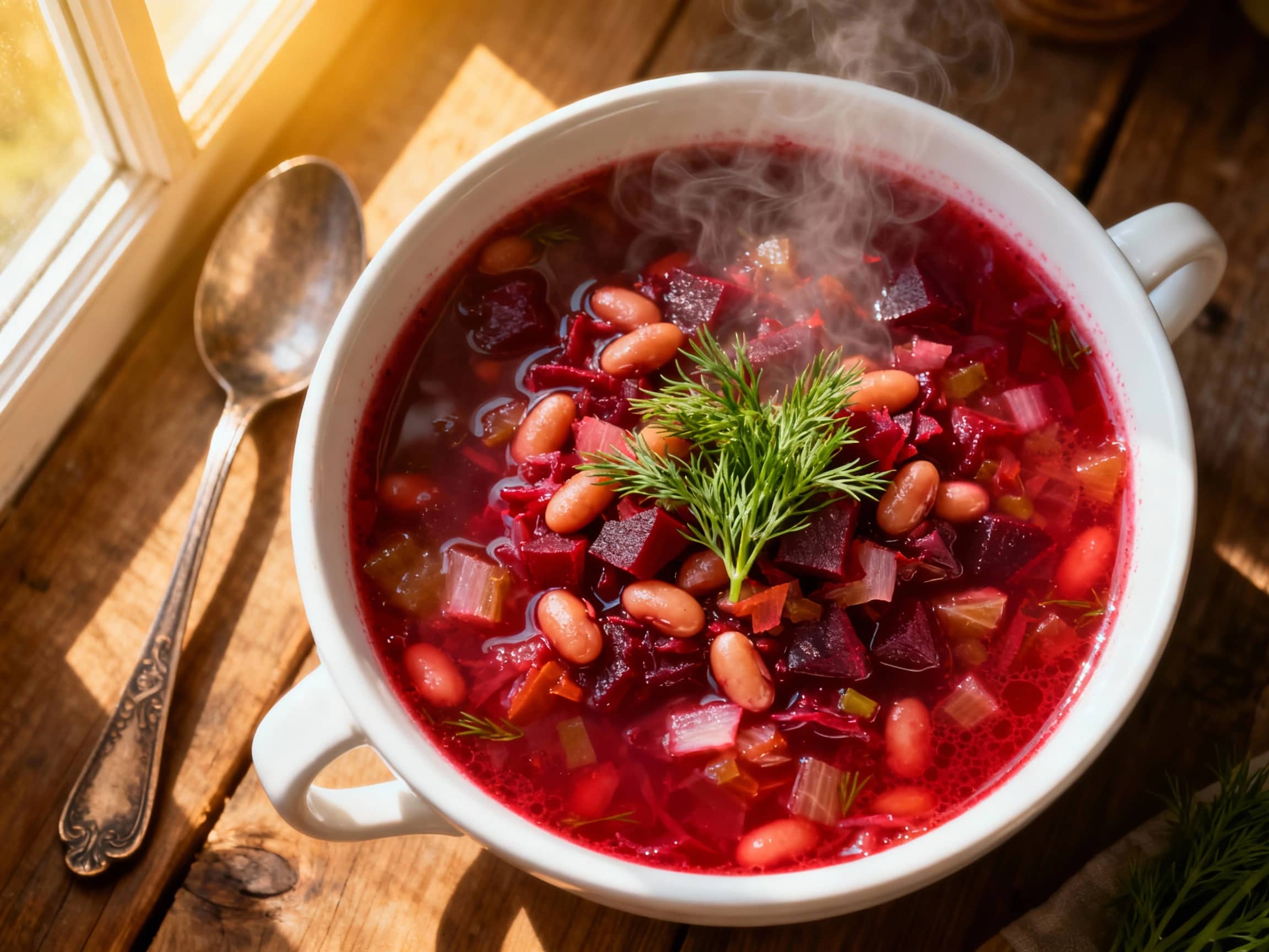A steaming bowl of vibrant red borscht is generously garnished with a dollop of sour cream and fresh dill, inviting a hearty and comforting meal.