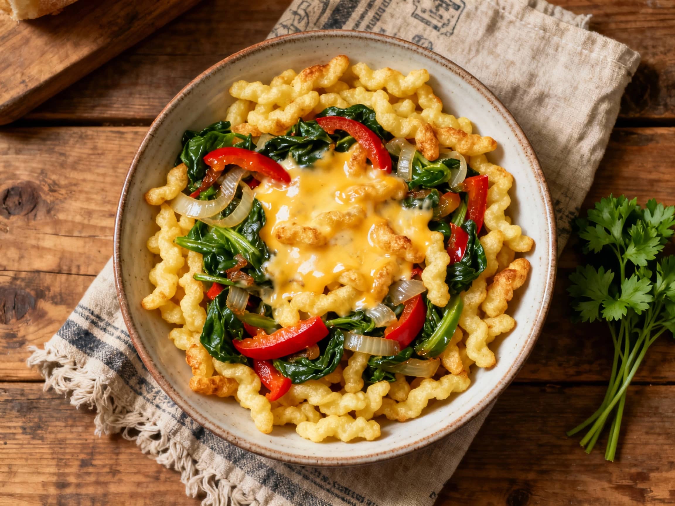 Hearty, golden-brown Käsespätzle generously topped with vibrant, sautéed mixed vegetables and finished with fresh herbs, served in a rustic bowl bathed in warm, inviting light.