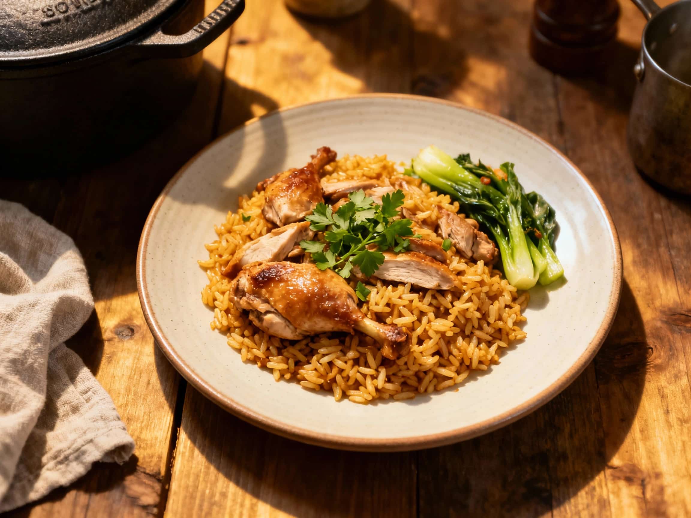 A savory arroz de pato with tender chicken rests in a rustic earthenware dish, garnished with fresh parsley and bathed in warm, inviting light.