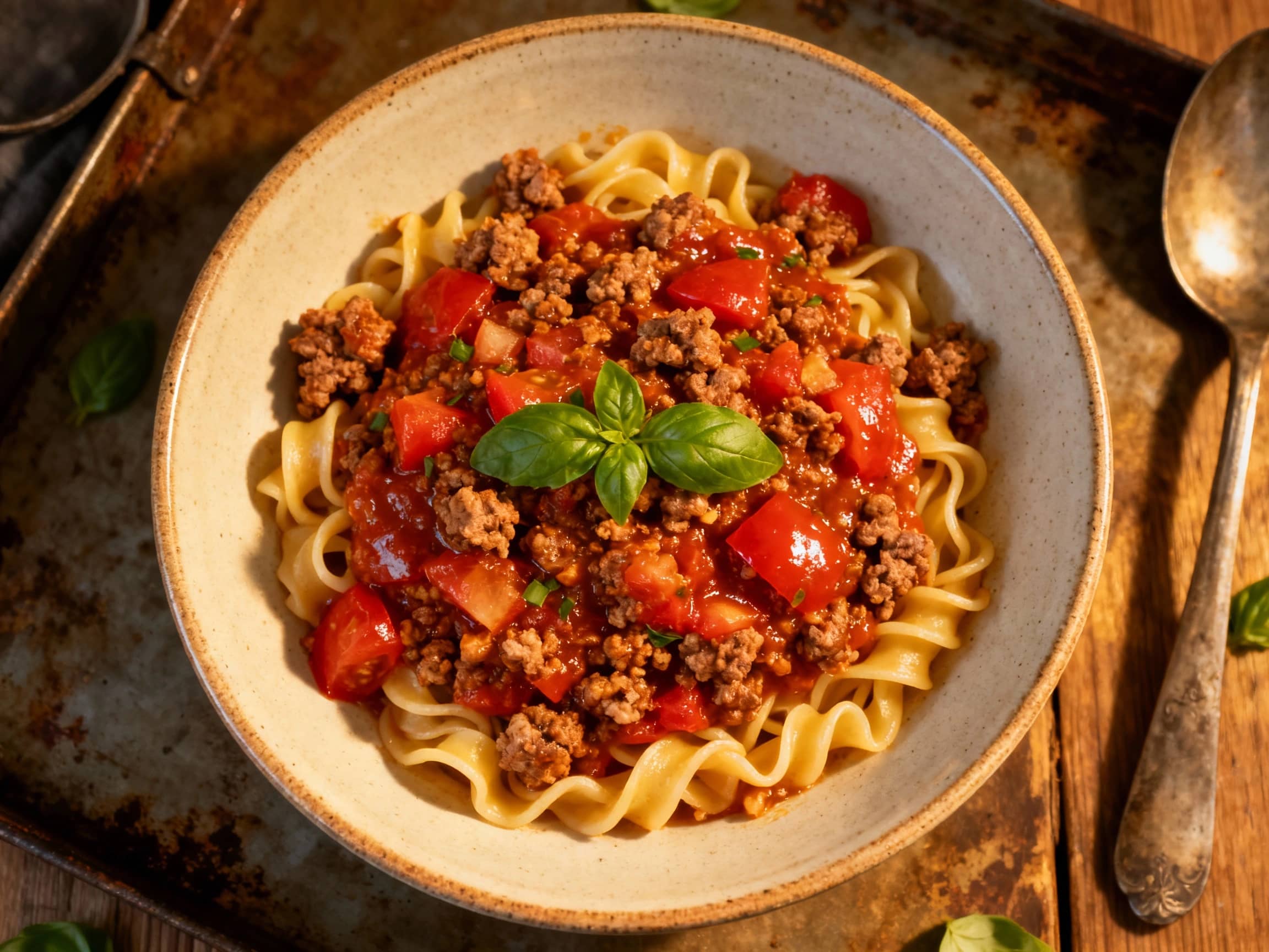 A rustic, steaming bowl of rich, meaty Bolognese-style ragu is generously spooned over perfectly cooked spaghetti, garnished with fresh, vibrant green parsley.