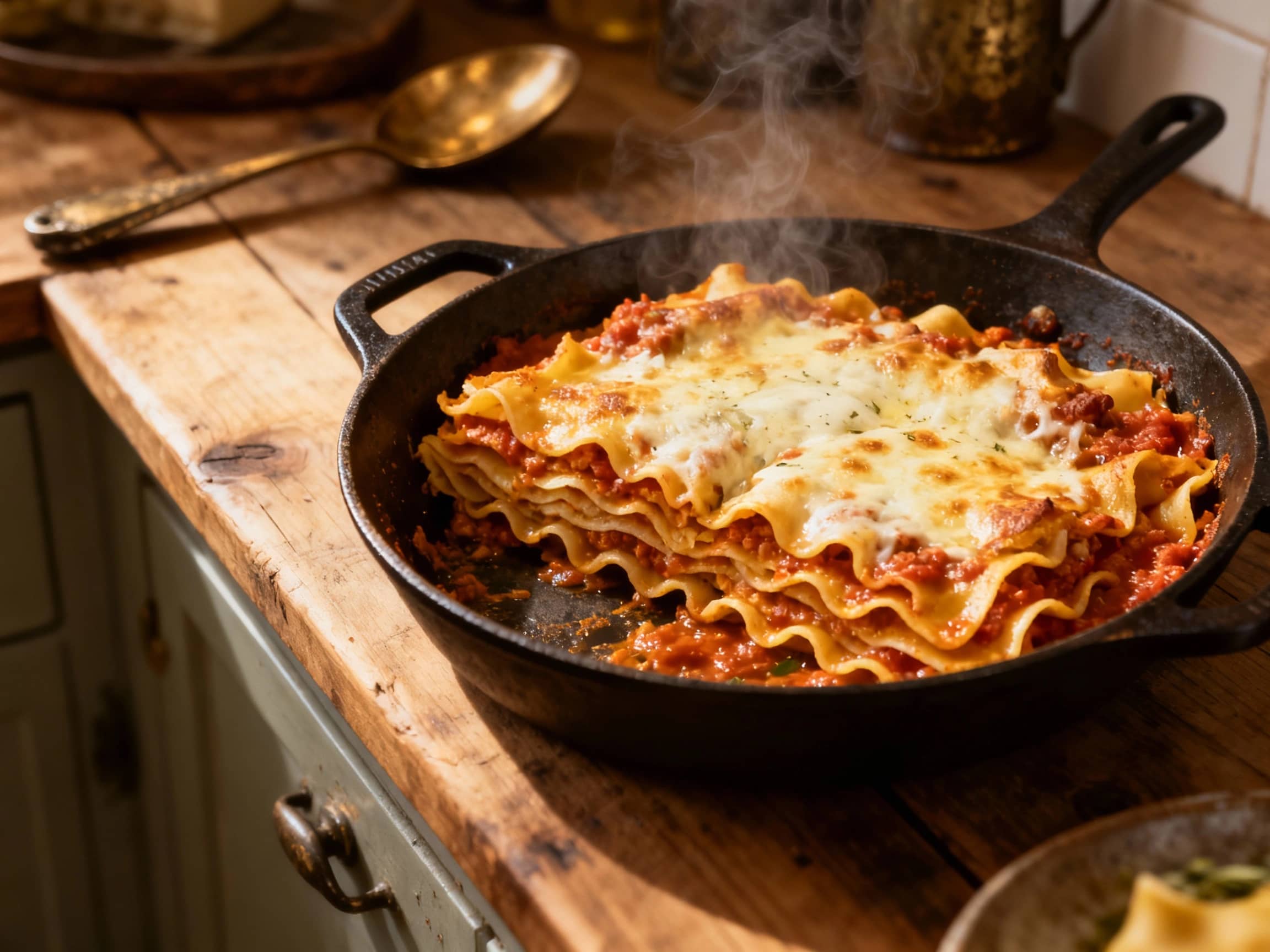 A bubbling, cheesy lasagne is presented in a cast iron skillet, with a sprinkle of fresh parsley adding a touch of green to the rich tomato sauce and pasta layers.