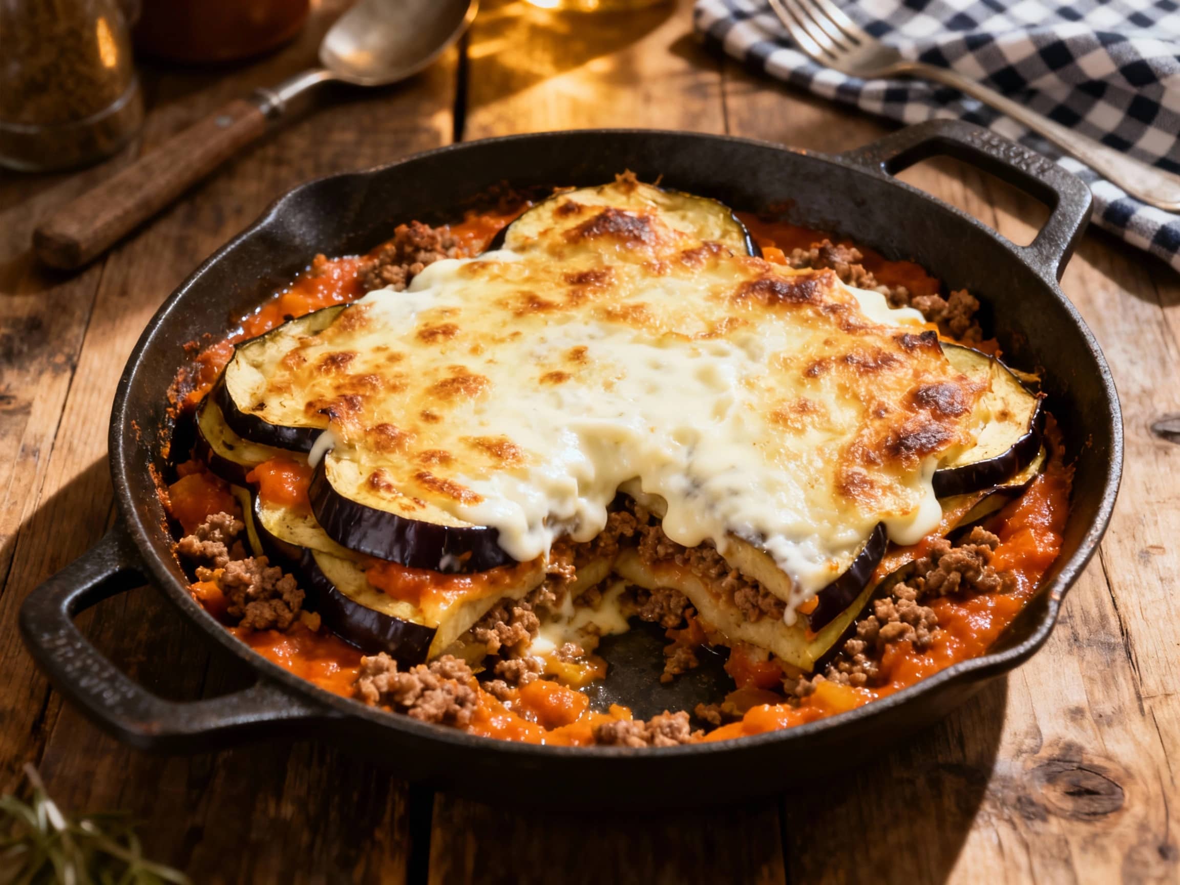 A hearty, layered moussaka is presented in a rustic cast-iron skillet, topped with a golden, bubbly béchamel sauce and a sprinkle of fresh parsley.