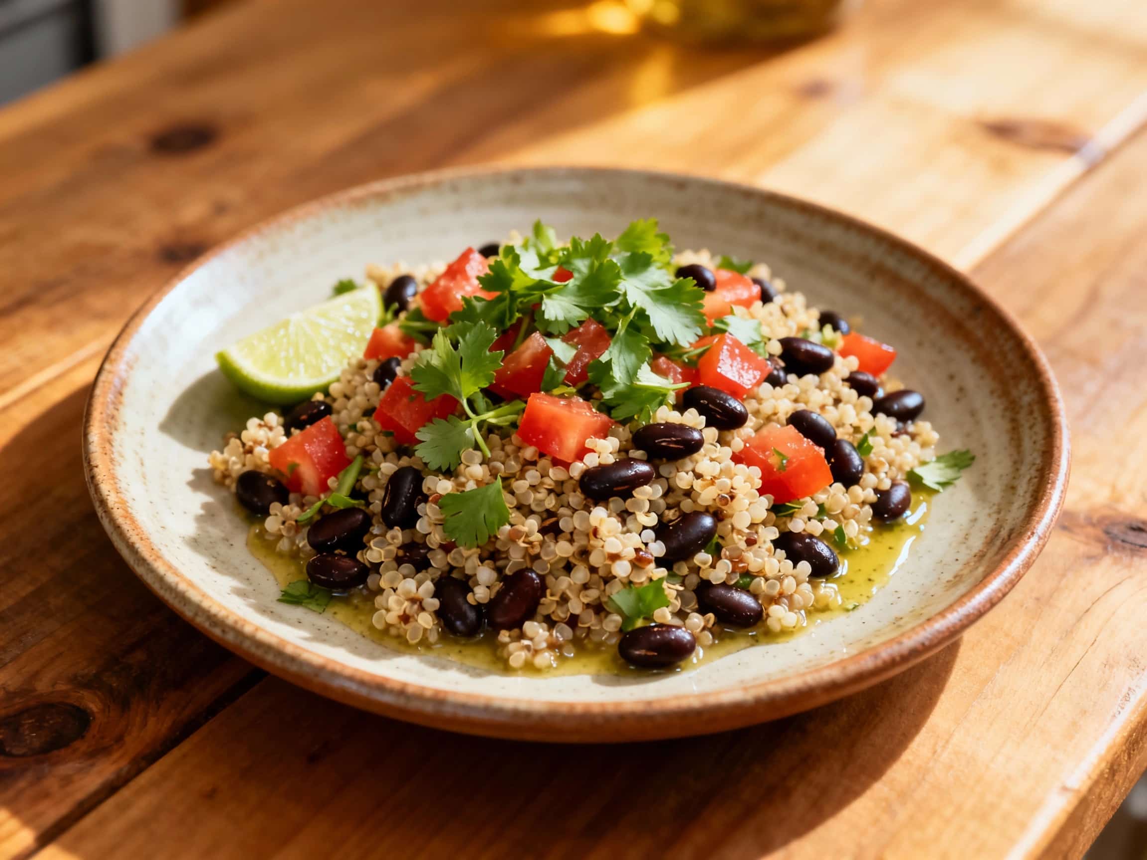 A vibrant quinoa and black bean salad is bathed in a zesty lime dressing and garnished with fresh cilantro, creating a colorful and healthy dish perfect for a light meal.