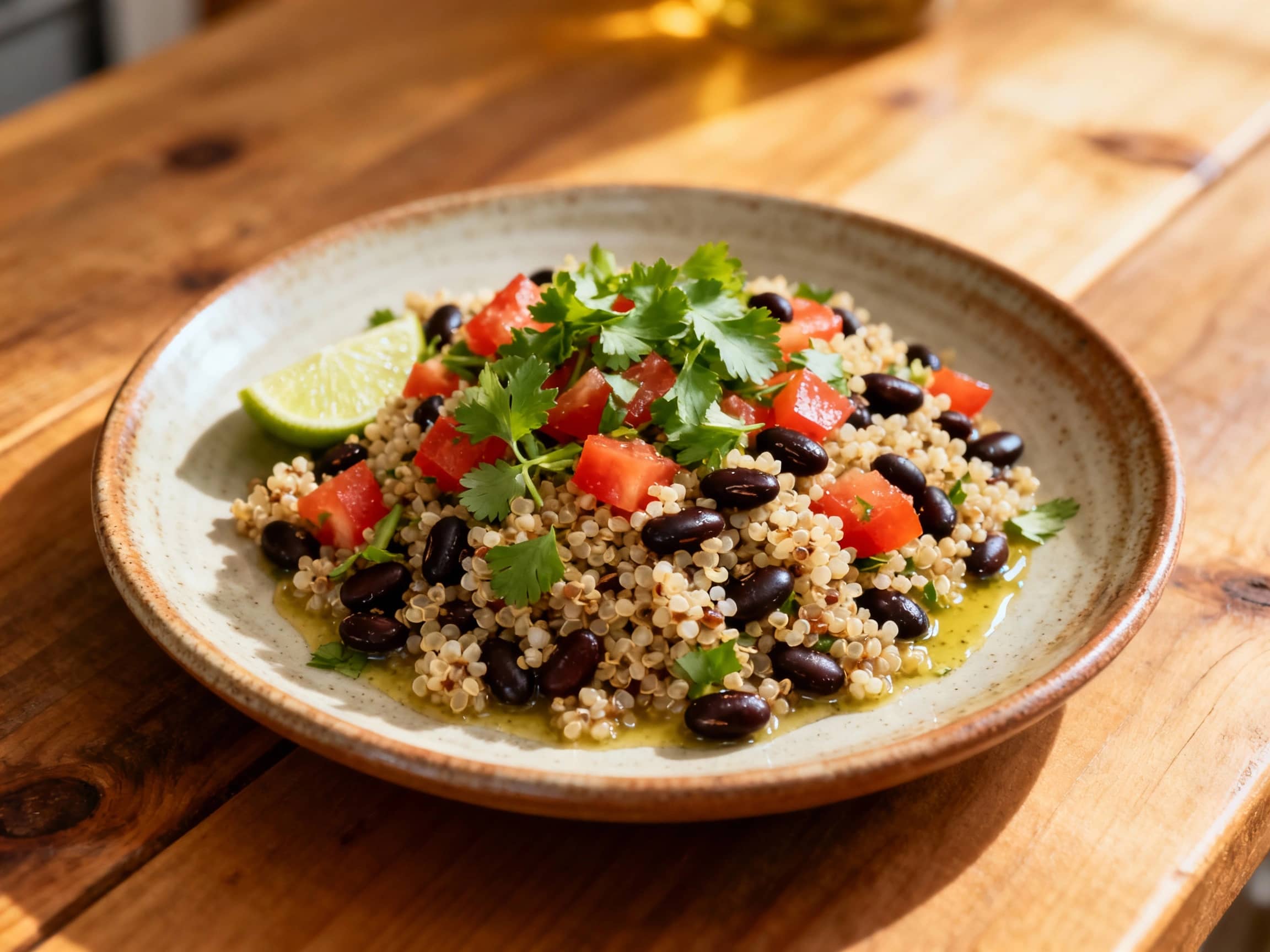 A vibrant quinoa and black bean salad is bathed in a zesty lime dressing and garnished with fresh cilantro, creating a colorful and healthy dish perfect for a light meal.