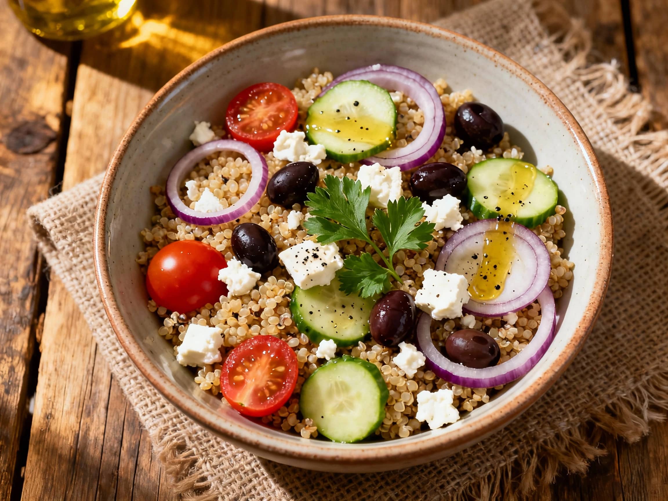 A vibrant quinoa Greek village bowl bursts with colorful vegetables like tomatoes and cucumbers, topped with feta cheese and olives, ready to be enjoyed.