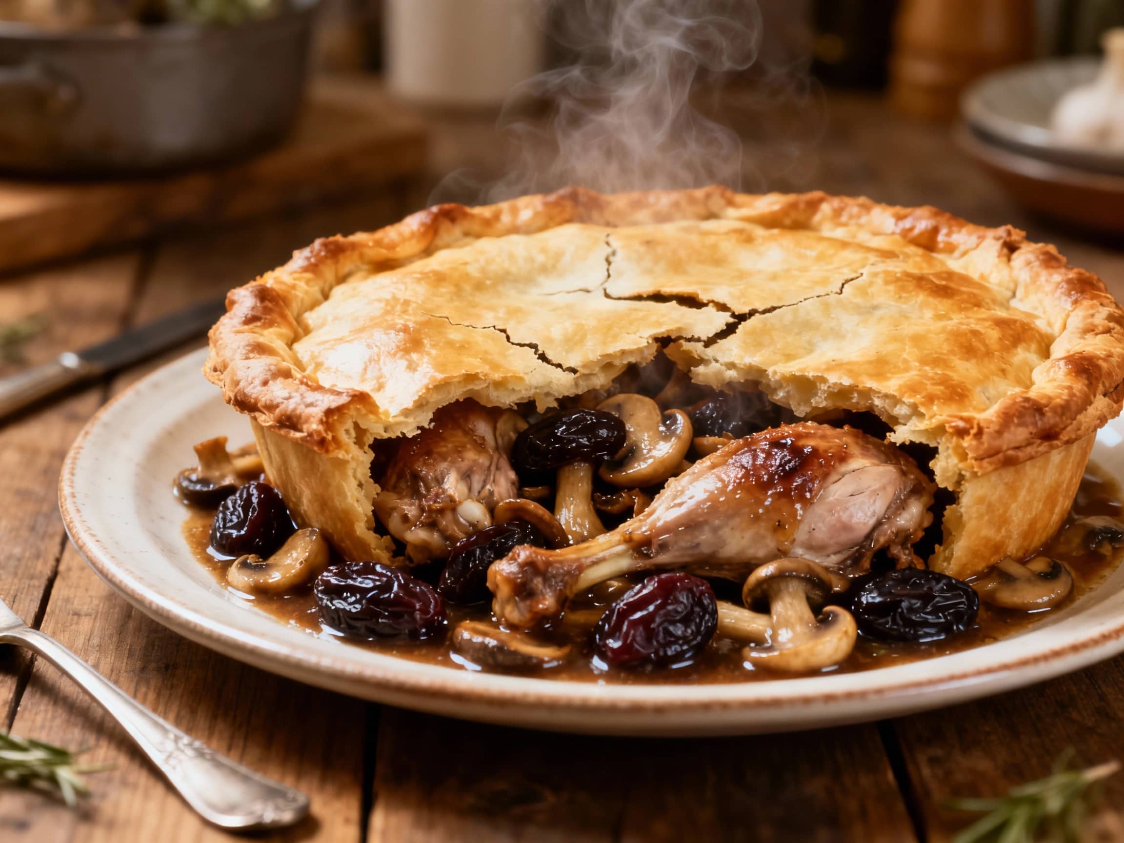 A rustic rabbit and prune pot pie, topped with a golden, flaky crust, sits warming in a cast iron skillet next to a scattering of sautéed mushrooms and fresh parsley.