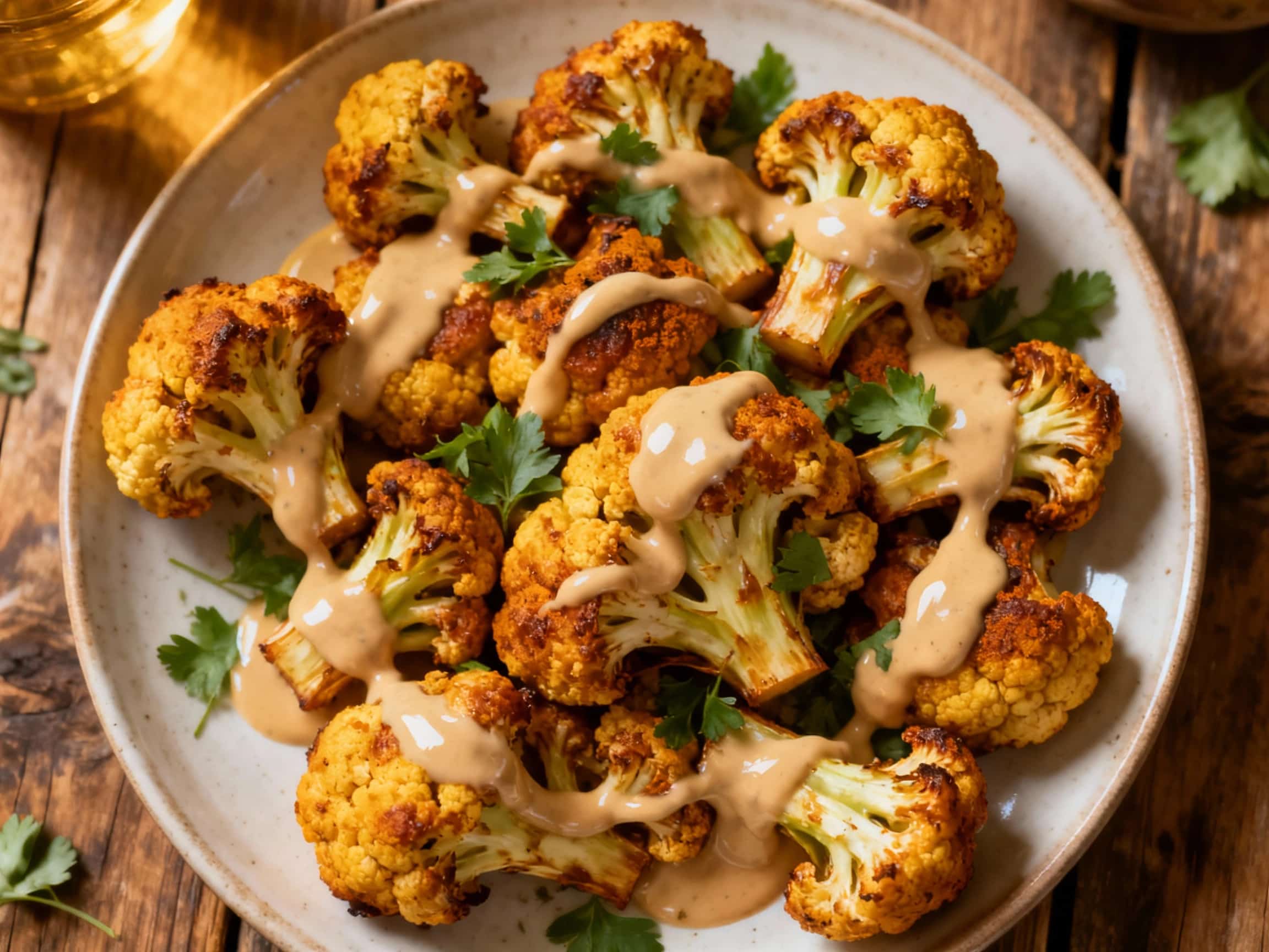 An inviting close-up, overhead view of a rustic white platter filled with perfectly roasted cauliflower florets. The cauliflower is deeply caramelized, showcasing a rich, golden-brown spice crust from the Ras el Hanout, with some florets displaying slightly crisp, charred edges. A generous, creamy, pale tan tahini drizzle cascades over the cauliflower, creating enticing patterns. The dish is garni