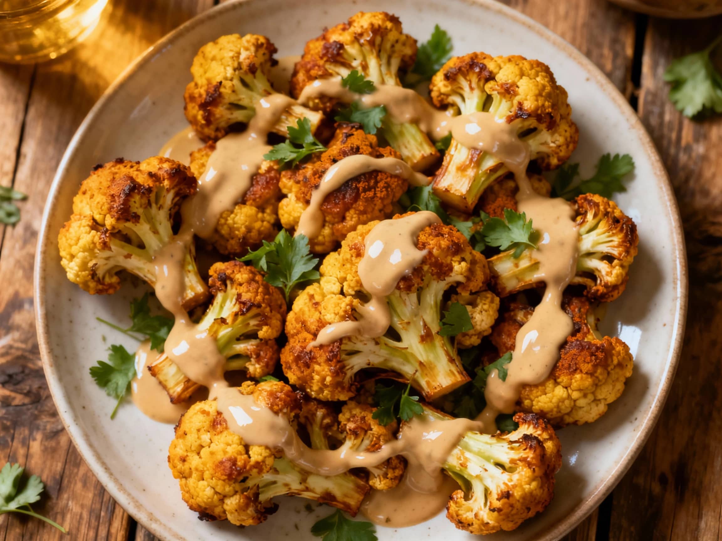 An inviting close-up, overhead view of a rustic white platter filled with perfectly roasted cauliflower florets. The cauliflower is deeply caramelized, showcasing a rich, golden-brown spice crust from the Ras el Hanout, with some florets displaying slightly crisp, charred edges. A generous, creamy, pale tan tahini drizzle cascades over the cauliflower, creating enticing patterns. The dish is garni