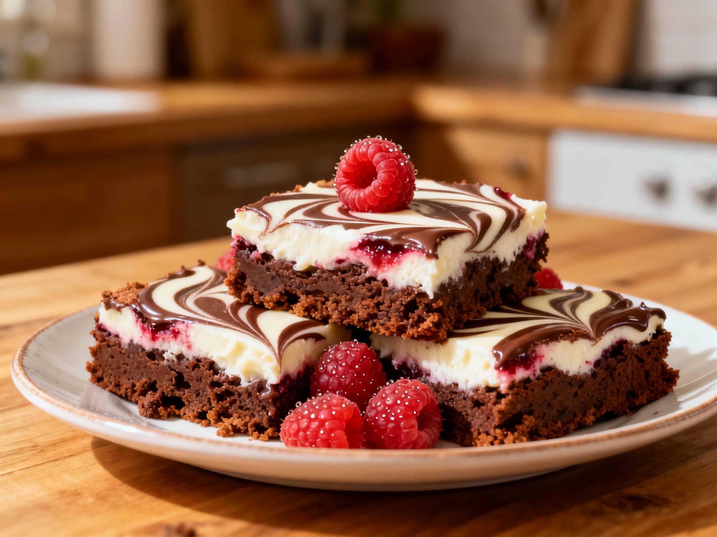 Dark, fudgy brownies are swirled with creamy white chocolate against a dark background, dusted with fresh raspberries for a rich and decadent dessert.