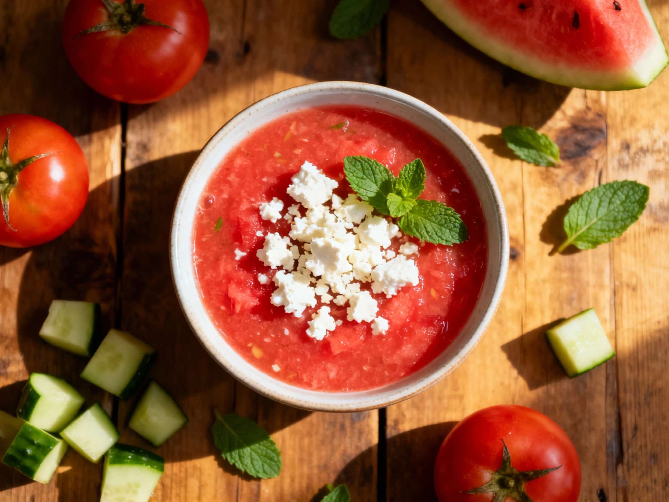 A vibrant pink watermelon gazpacho is served chilled in a rustic white bowl, topped with crumbled feta cheese and fresh mint leaves for a cooling summer treat.
