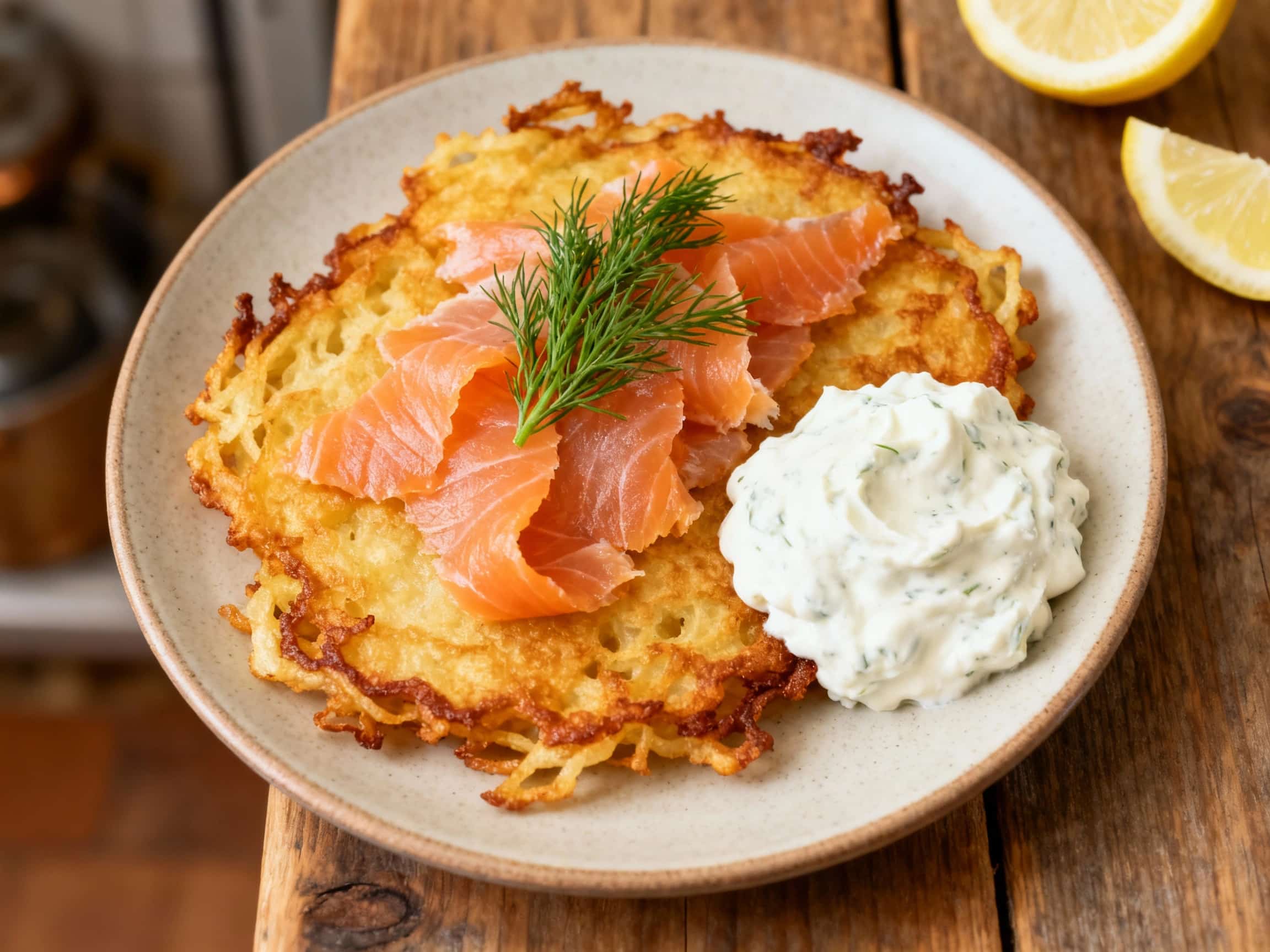 Golden brown, crispy potato pancakes are stacked and topped with delicate smoked trout, a dollop of creamy horseradish sauce, and fresh dill, perfect for a delightful brunch.