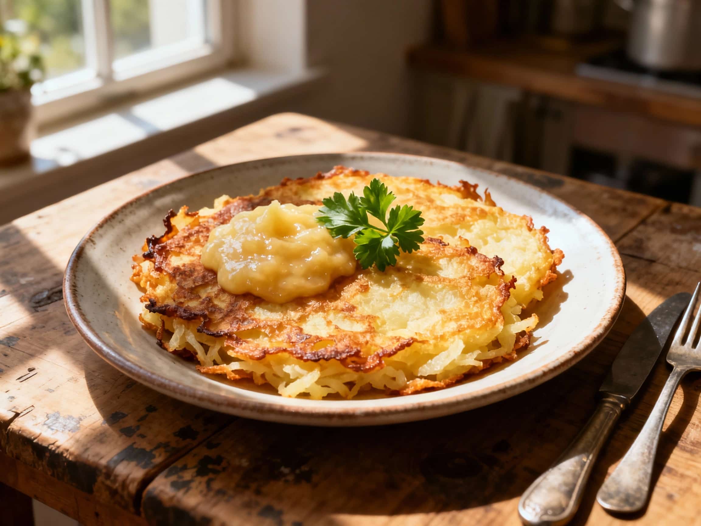 Golden-brown, crispy potato pancakes, known as Reibekuchen, are stacked attractively on a rustic wooden board, dusted with powdered sugar and served with a side of applesauce.