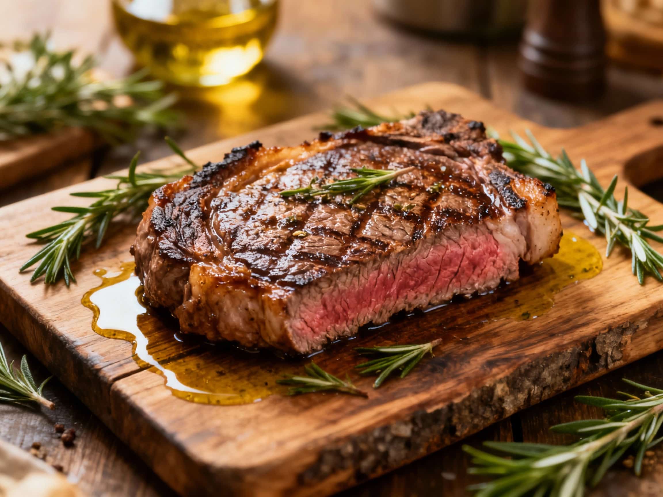 A thick, perfectly cooked Bistecca alla Fiorentina steak rests on a rustic wooden cutting board, displaying a beautiful charred crust and juicy pink interior, subtly seasoned and ready to impress.