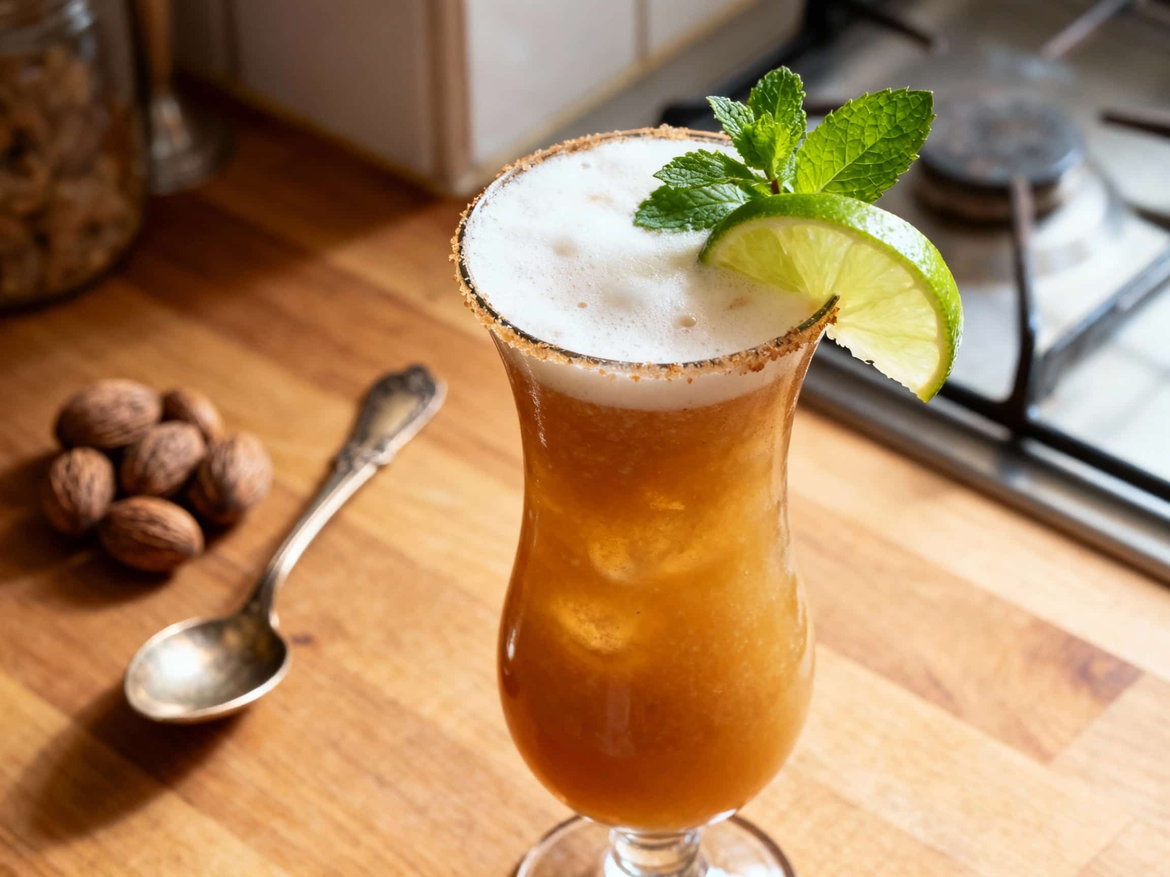 A vibrant, ruby-red Mai Tai cocktail, artfully presented in a clear glass, glistens with condensation, topped with a generous sprig of fresh mint and a bright maraschino cherry.