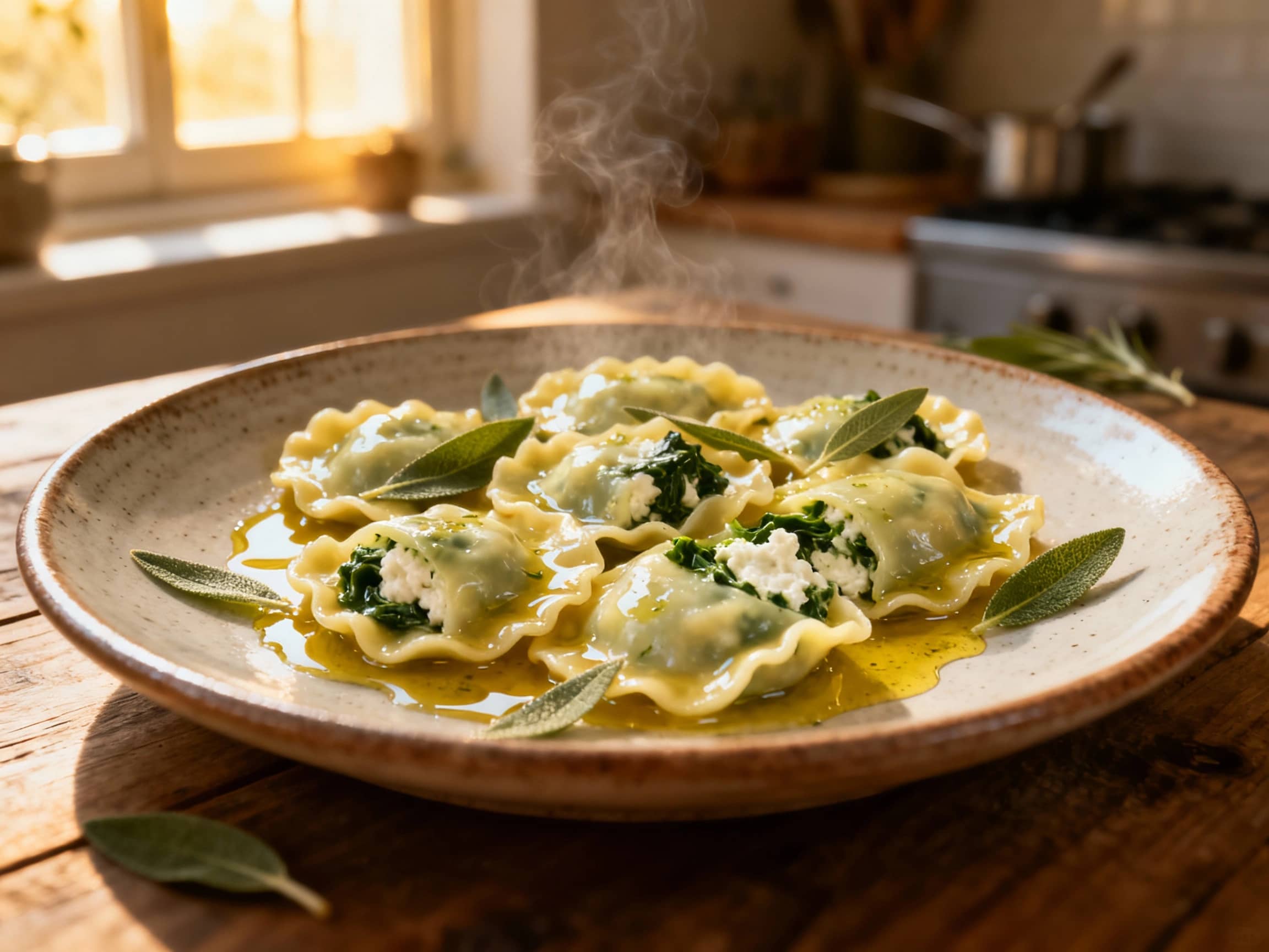 Tender, plump ricotta and spinach agnolotti are bathed in a shimmering sage butter sauce, garnished with fresh sage leaves and a dusting of Parmesan cheese, ready to be savored.
