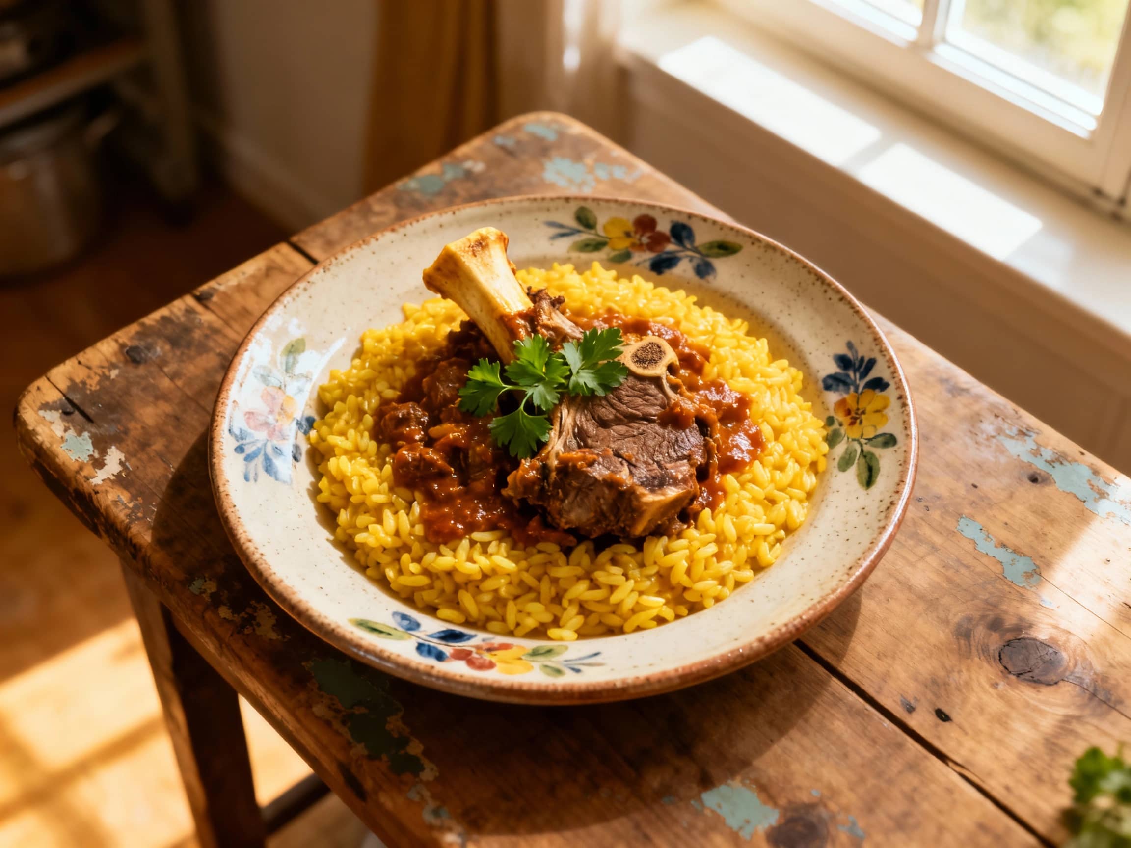 A rich, golden saffron risotto is generously topped with a hearty, slow-cooked ossobuco ragu, finished with fresh gremolata for a vibrant finish.