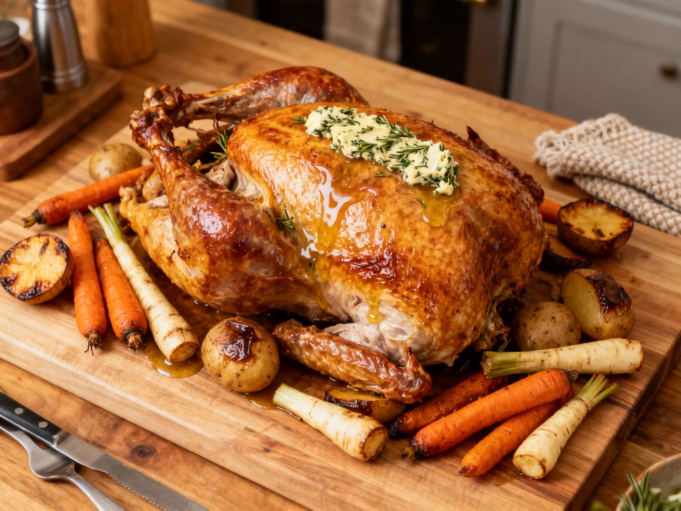 Roast Turkey with Herb Butter and Root Vegetables