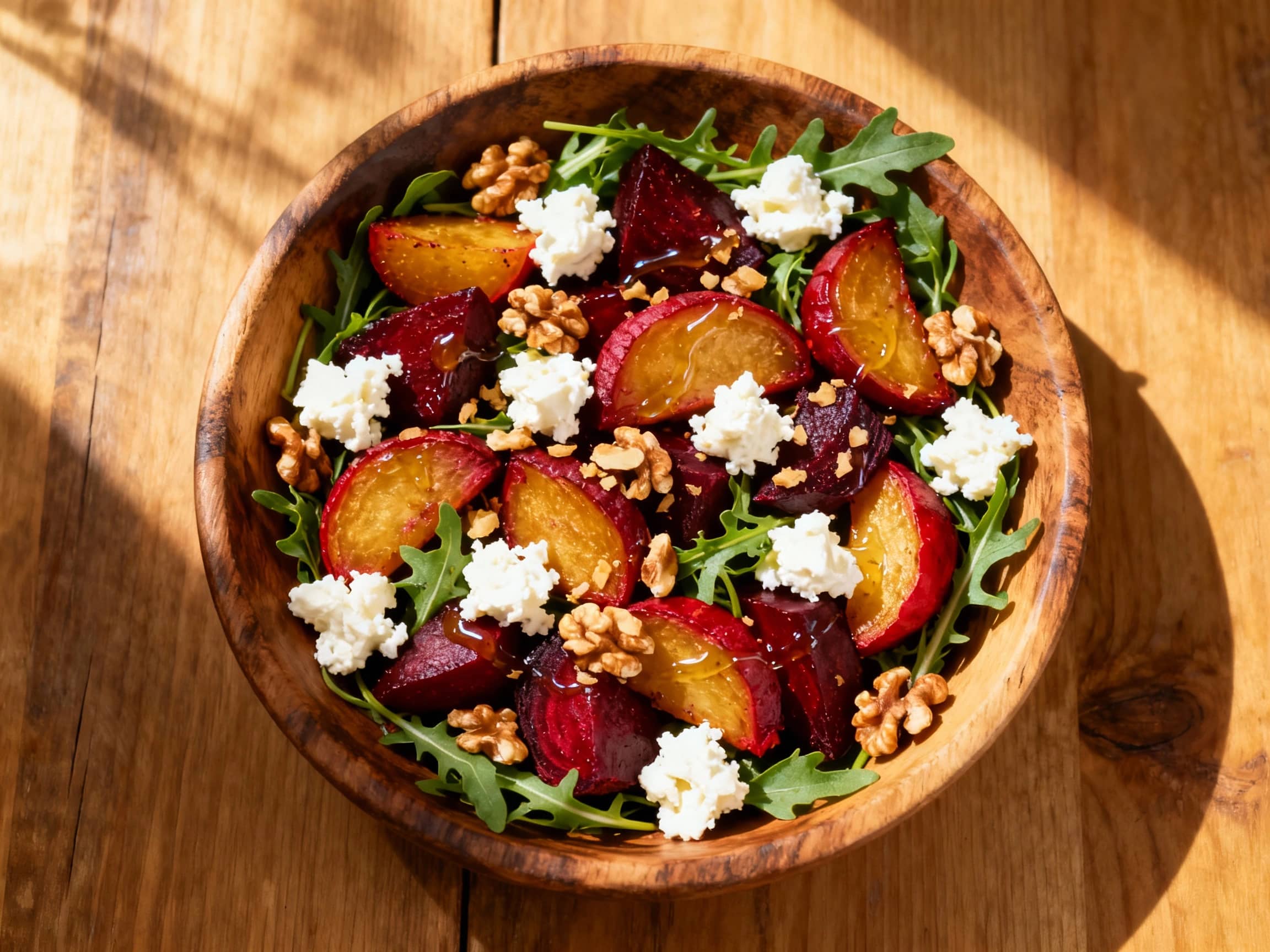 A vibrant roasted beet and goat cheese salad is artfully arranged on a white plate, drizzled with a balsamic glaze and sprinkled with fresh herbs, creating a visually appealing and healthy dish.
