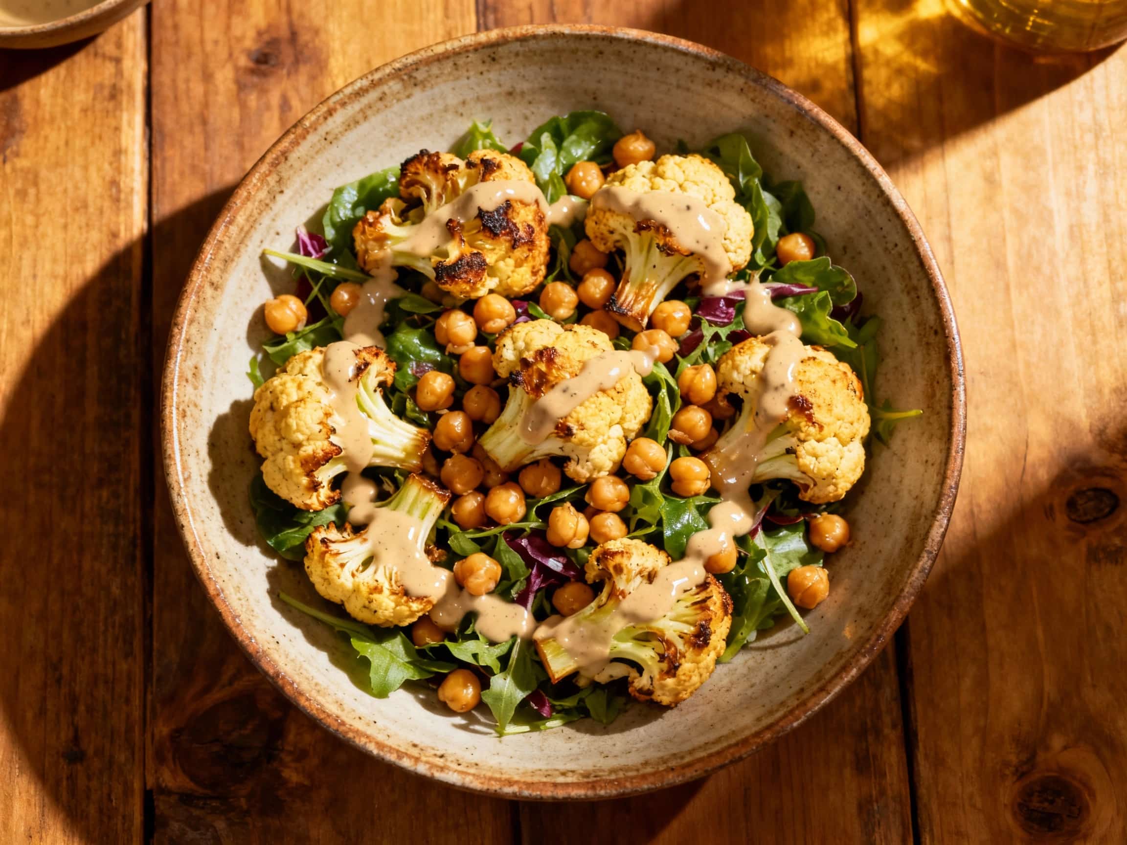 A vibrant roasted cauliflower and chickpea salad is artfully plated, glistening with a creamy tahini dressing and chopped fresh parsley, ready to be enjoyed on a sunlit countertop.