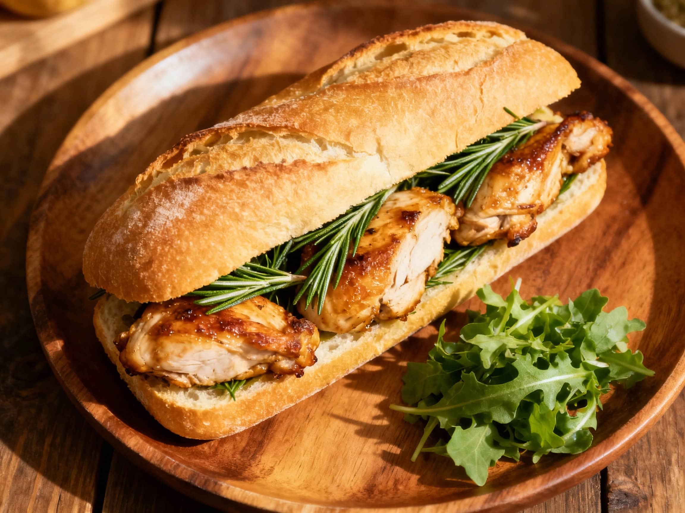 A golden-brown baguette is generously filled with shredded roasted chicken, fresh tarragon, and a creamy sauce, promising a delicious and satisfying bite.