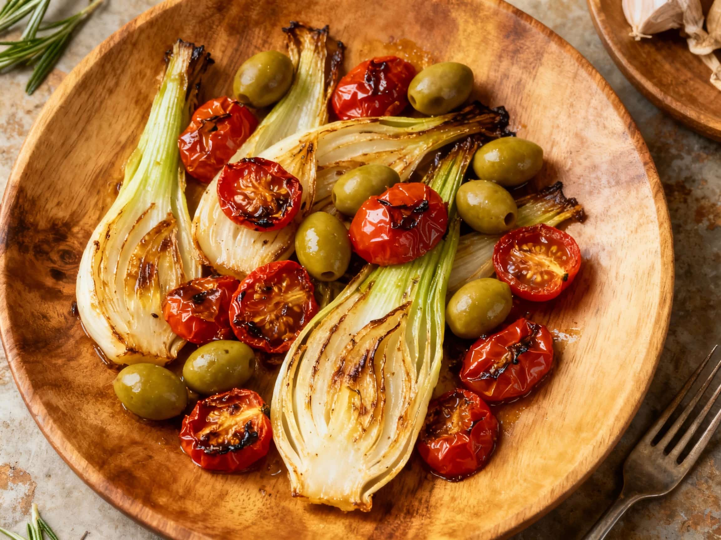 A vibrant medley of roasted fennel, bright cherry tomatoes, and briny olives is artfully arranged on a white plate, glistening under warm light, perfect for a healthy and flavorful side dish.