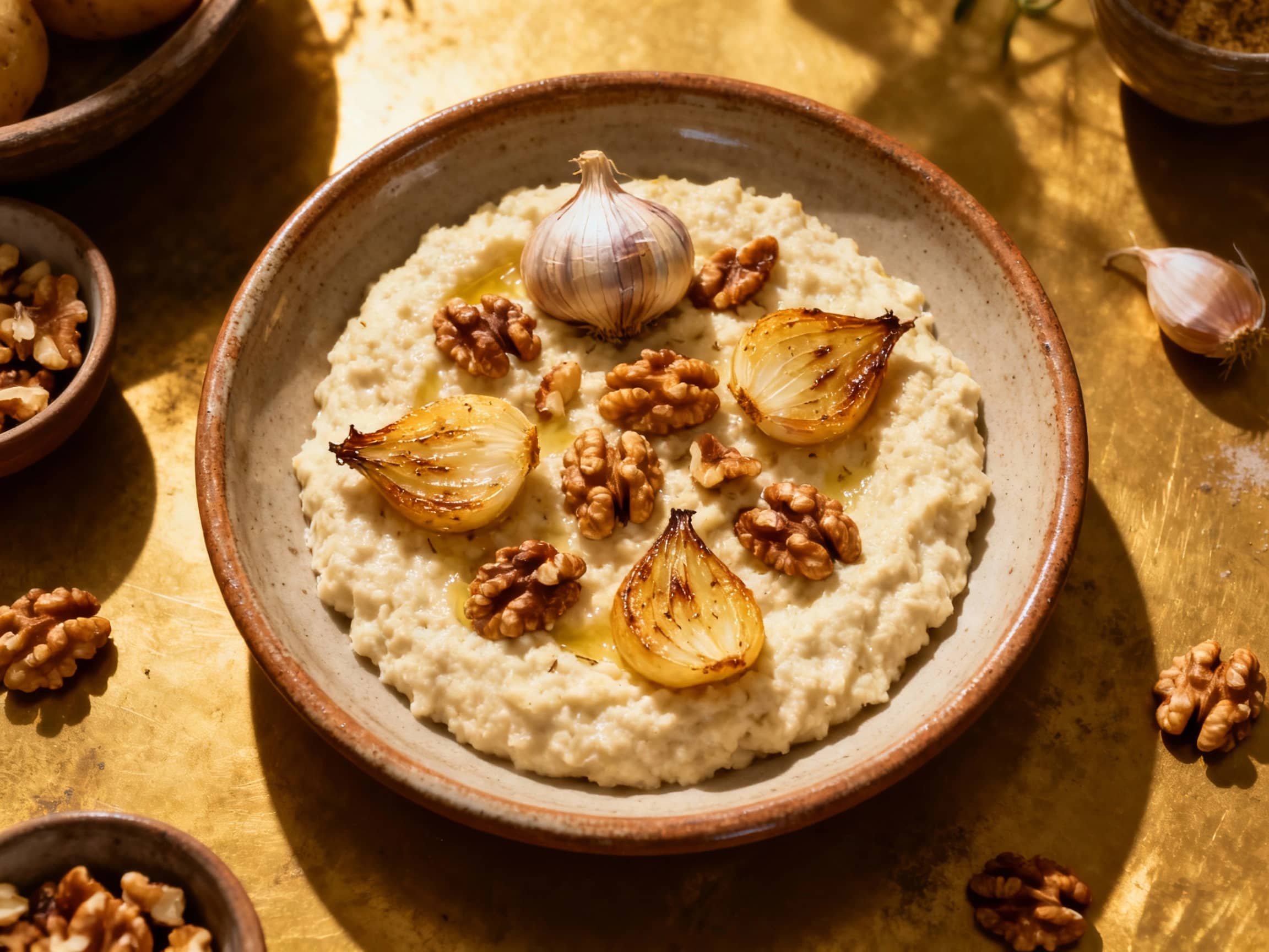 A creamy, rustic bowl of banush, crowned with golden toasted walnuts and slivers of deeply roasted garlic, bathed in warm, inviting light.