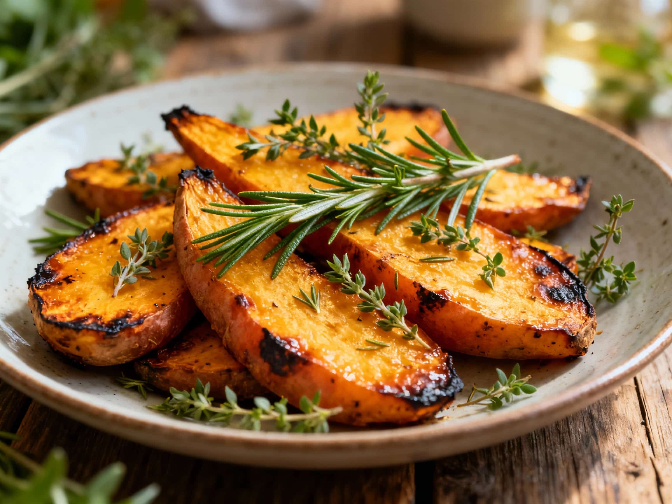 Golden-brown roasted kumara chunks, glistening with olive oil, are artfully scattered on a rustic wooden board alongside fresh sprigs of rosemary and thyme.
