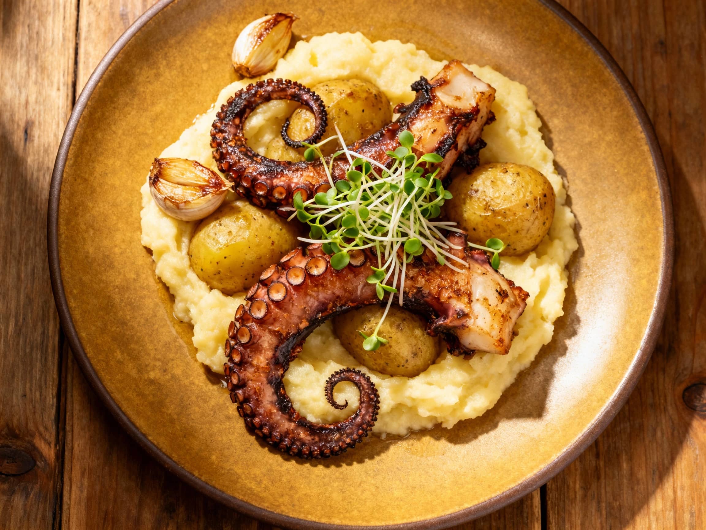 Tender, charred octopus tentacles are artfully arranged with roasted baby potatoes and vibrant green alfalfa sprouts on a rustic wooden board, ready for a delicious meal.
