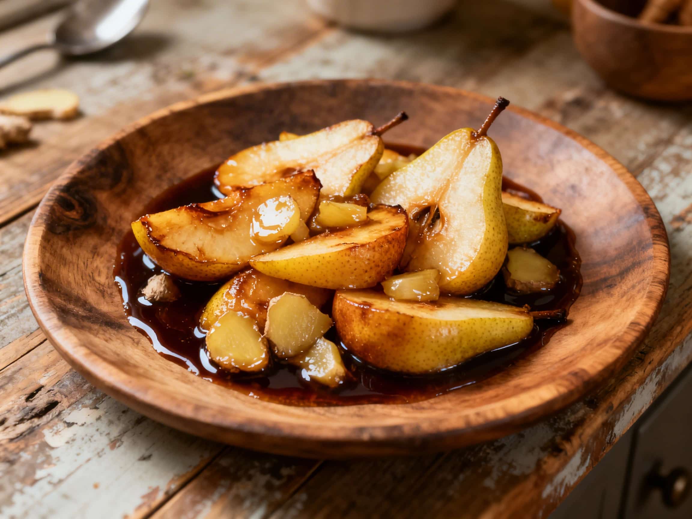 A rustic ceramic bowl holds a generous portion of glistening roasted pear, ginger, and bourbon compote. The pears are tender and golden-brown, interspersed with tiny pieces of grated ginger. A whole cinnamon stick and a delicate slice of fresh pear garnish the top. The warm-toned compote sits on a wooden surface, suggesting a cozy and inviting culinary experience, perfect for a comforting meal or
