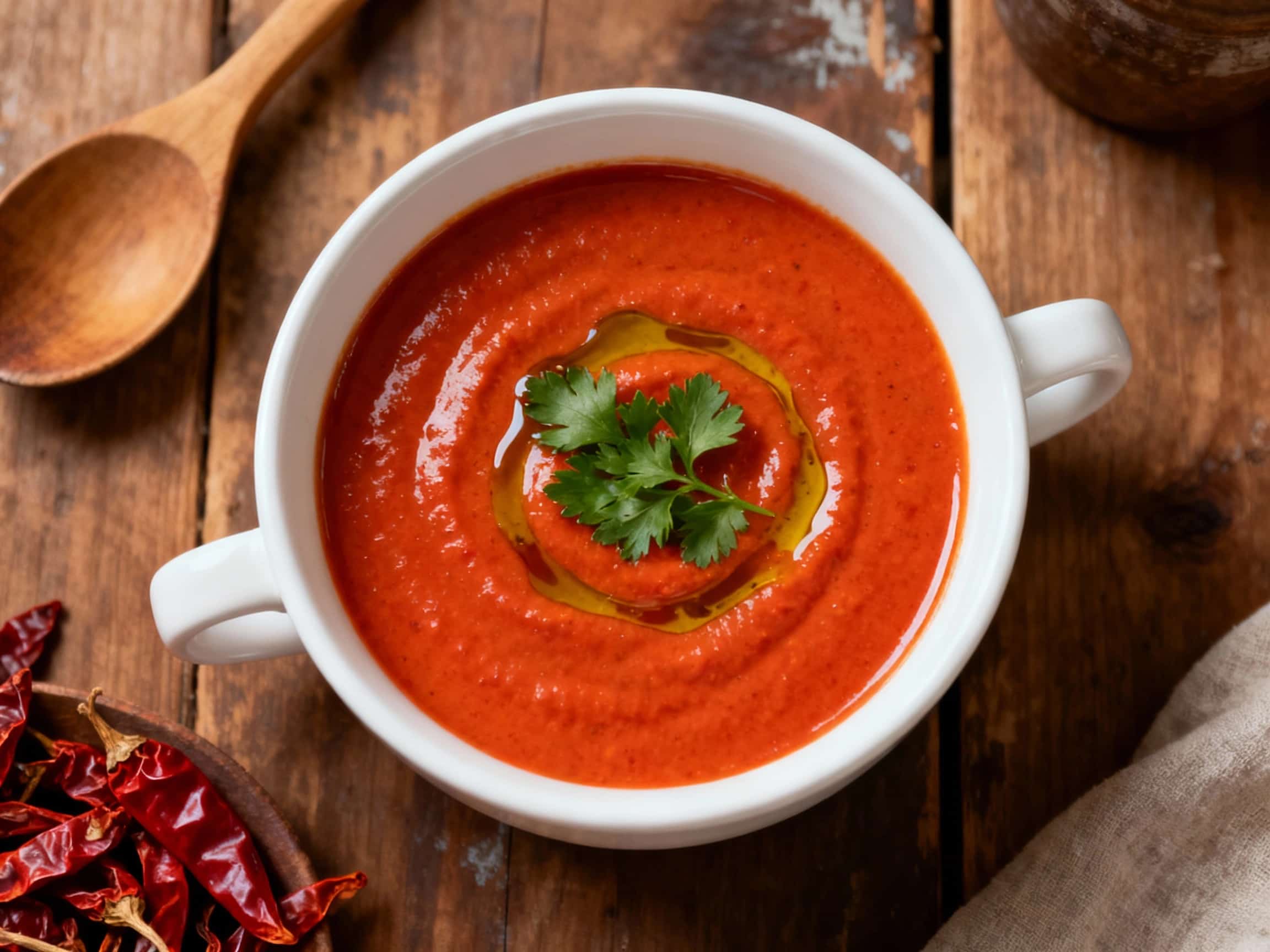 A rich, creamy roasted red pepper soup, with a subtle smoky paprika aroma, is garnished with a drizzle of cream and a sprinkle of fresh parsley, served in a white ceramic bowl in soft, inviting light.