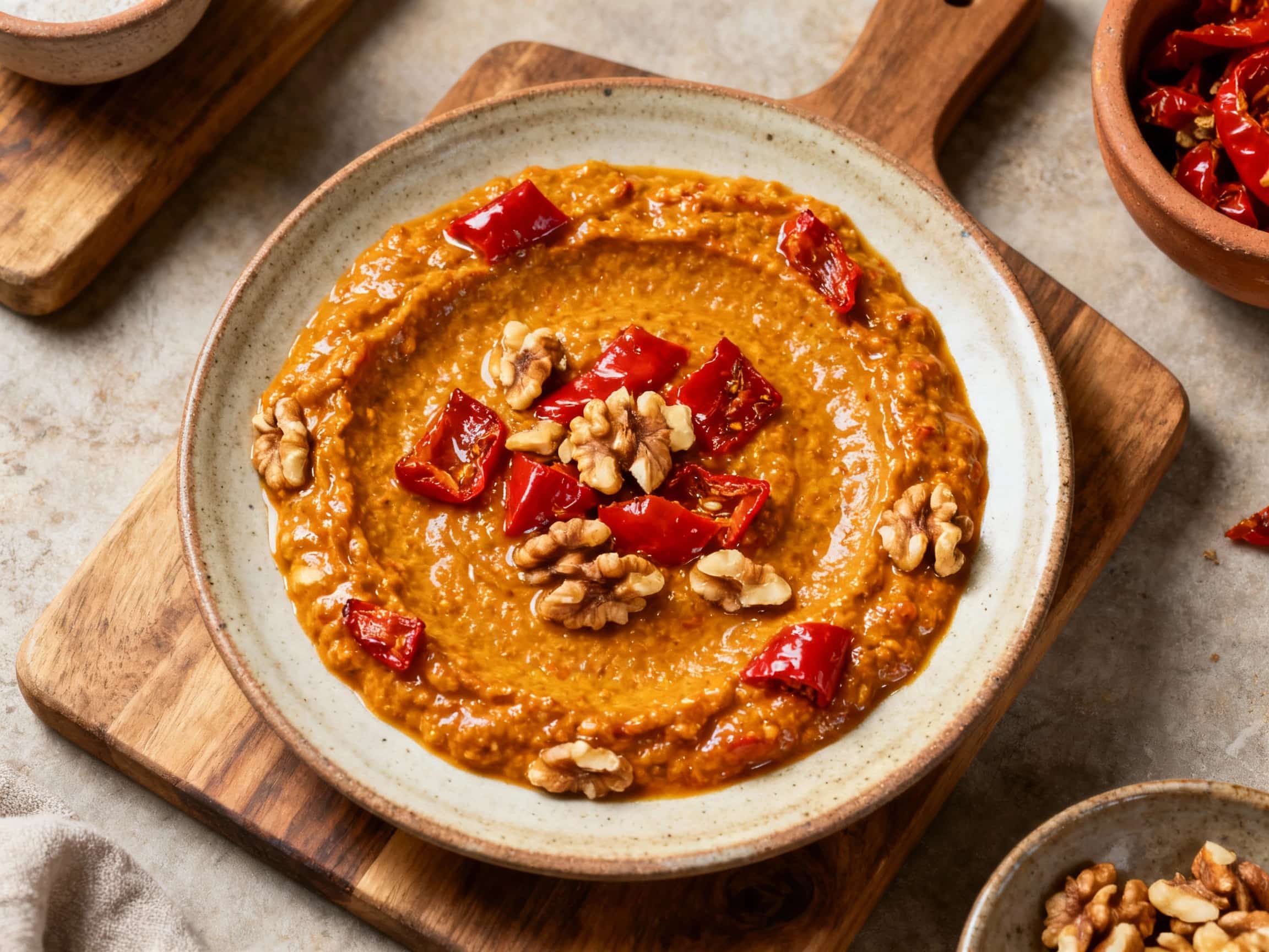 A rustic bowl of vibrant, thick Spanish Romesco sauce, made from roasted red peppers and walnuts, is garnished with a drizzle of olive oil and a few fresh parsley leaves.