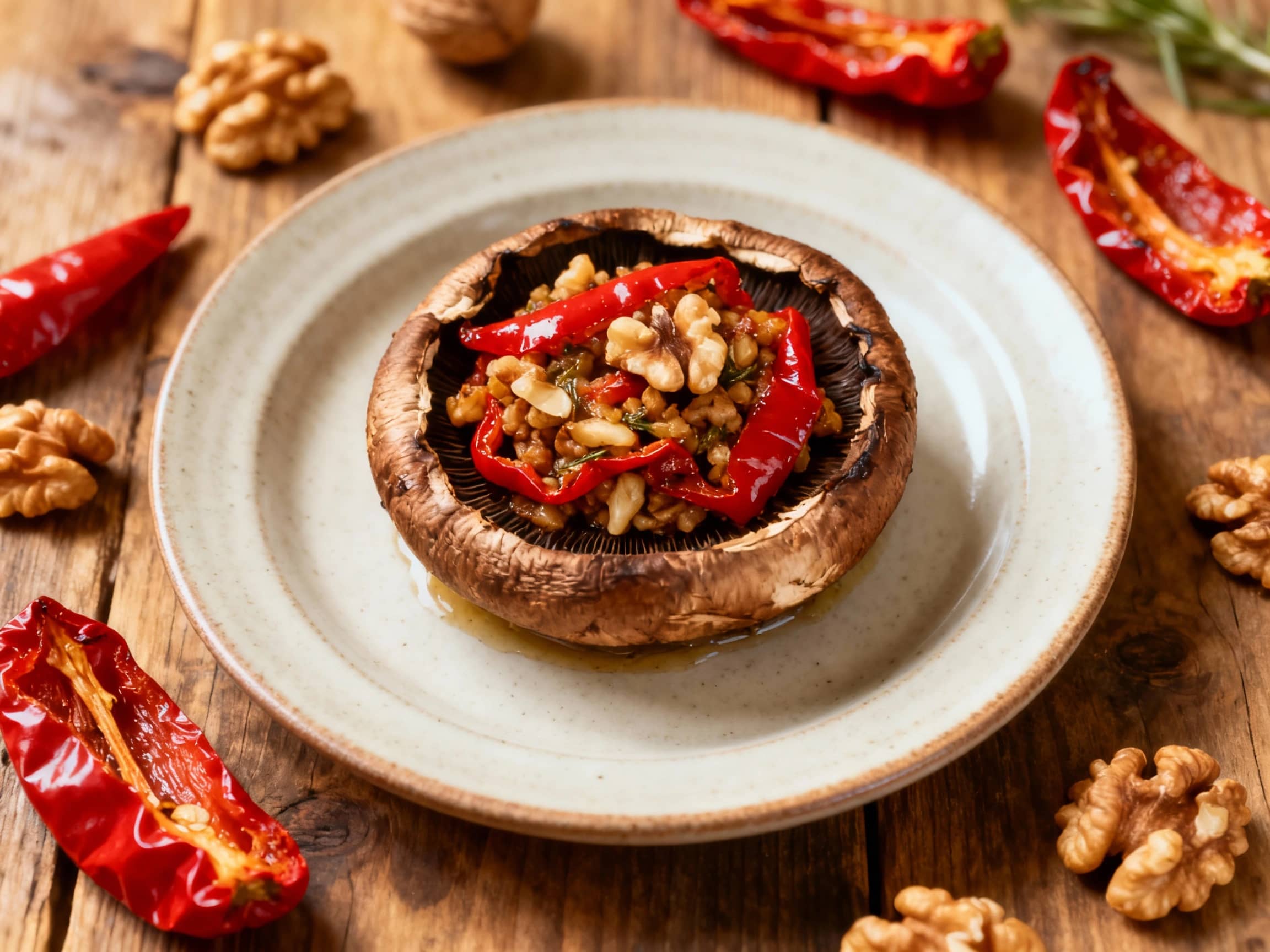 Two large, smoky portobello mushroom caps, roasted to a tender perfection, are generously filled with a vibrant red pepper and walnut mixture, topped with fresh parsley and served on a rustic wooden board.