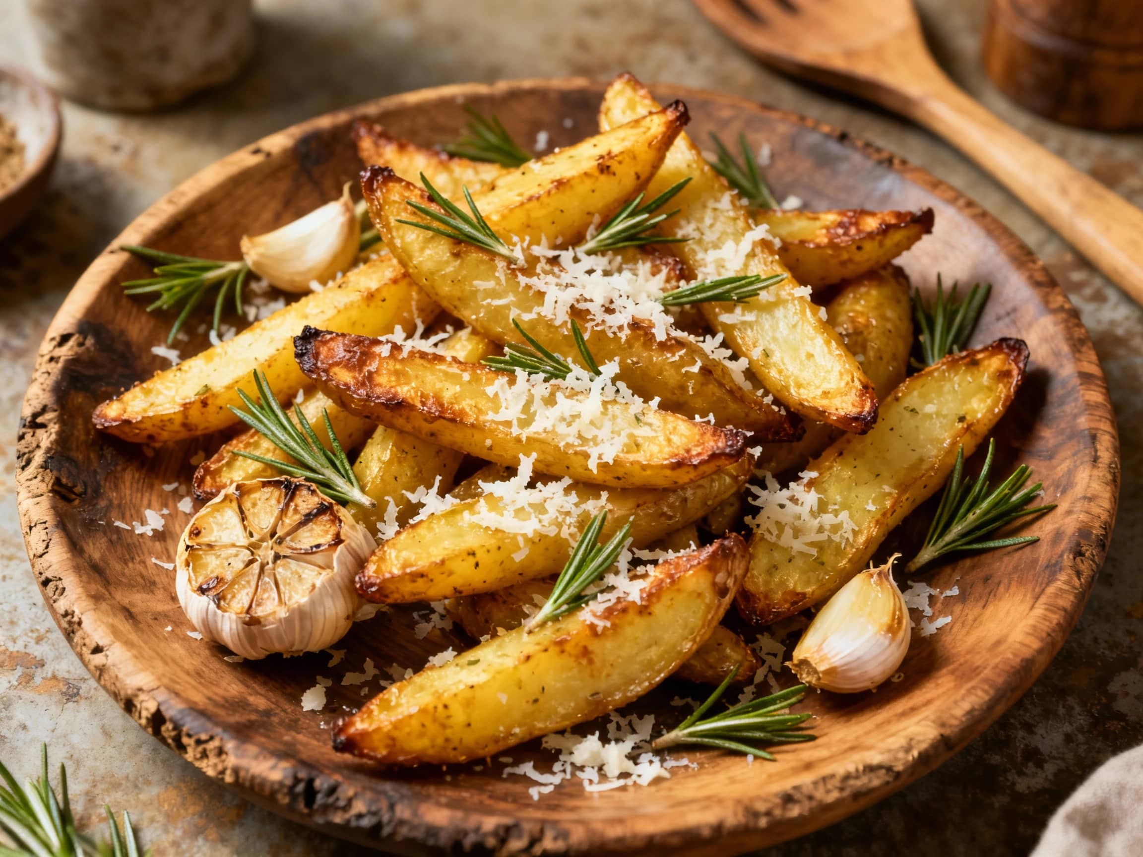 A close-up shot of golden-brown roasted fingerling potatoes, piled high on a rustic wooden board. The potatoes are beautifully charred and glistening, covered in melted Parmesan cheese and speckled with bright green rosemary leaves. The warm lighting highlights the crispy texture and the inviting aroma of the dish, making it look incredibly appetizing and ready to be served as a comforting side.