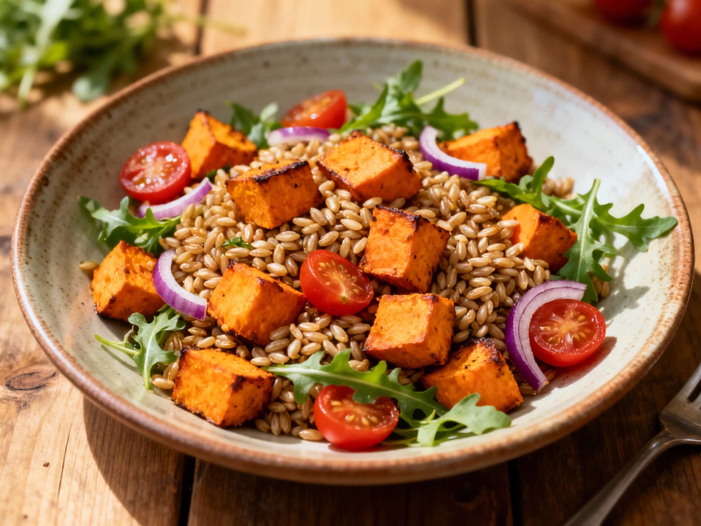 A colorful and hearty roasted sweet potato and farro salad is artfully arranged in a rustic ceramic bowl, topped with fresh herbs and a sprinkle of crumbled feta cheese, ready to be enjoyed.