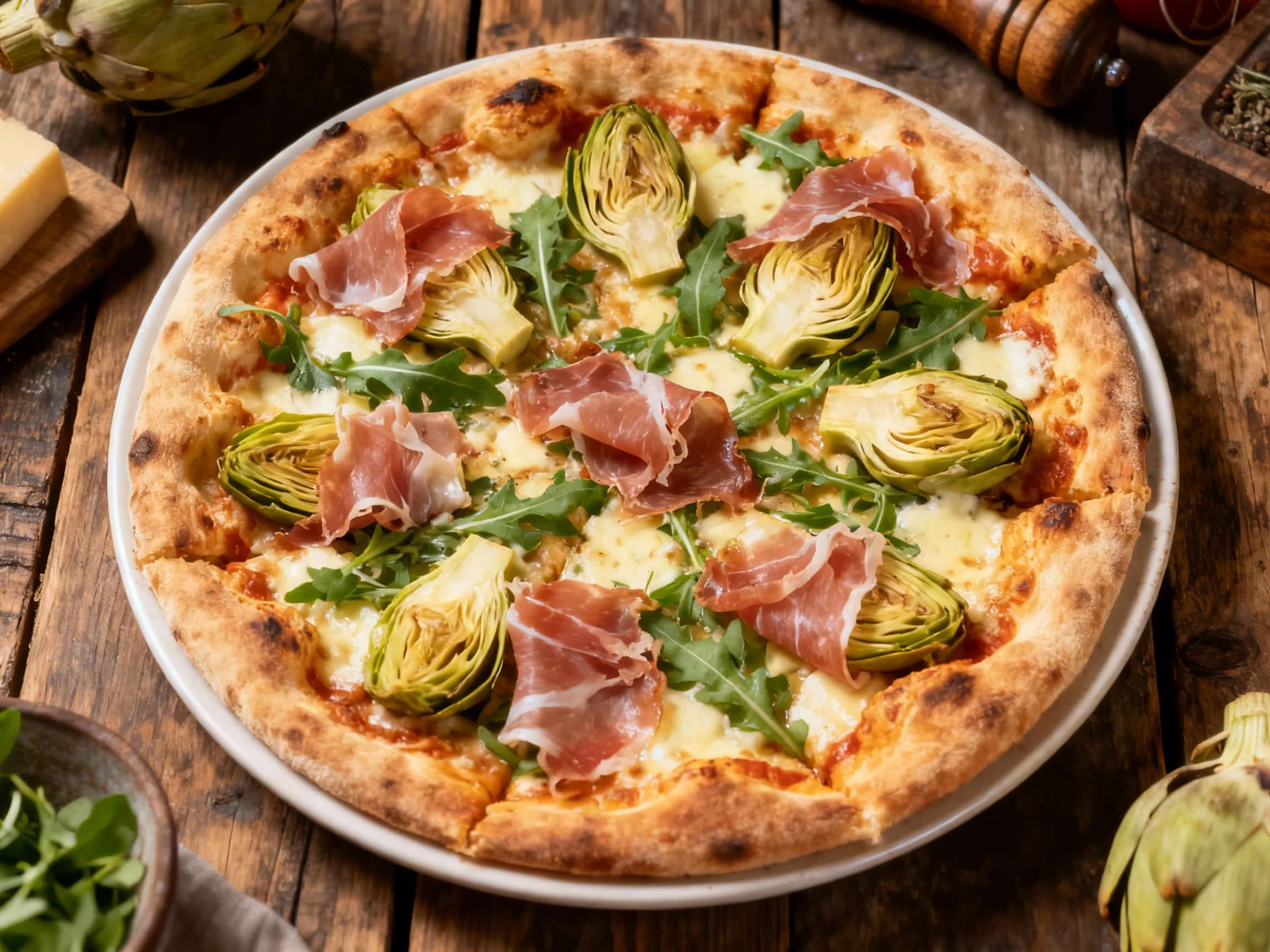 A rustic, artfully arranged pizza topped with tender Roman artichokes, salty prosciutto, and fresh herbs sits invitingly on a wooden board under warm, inviting light.