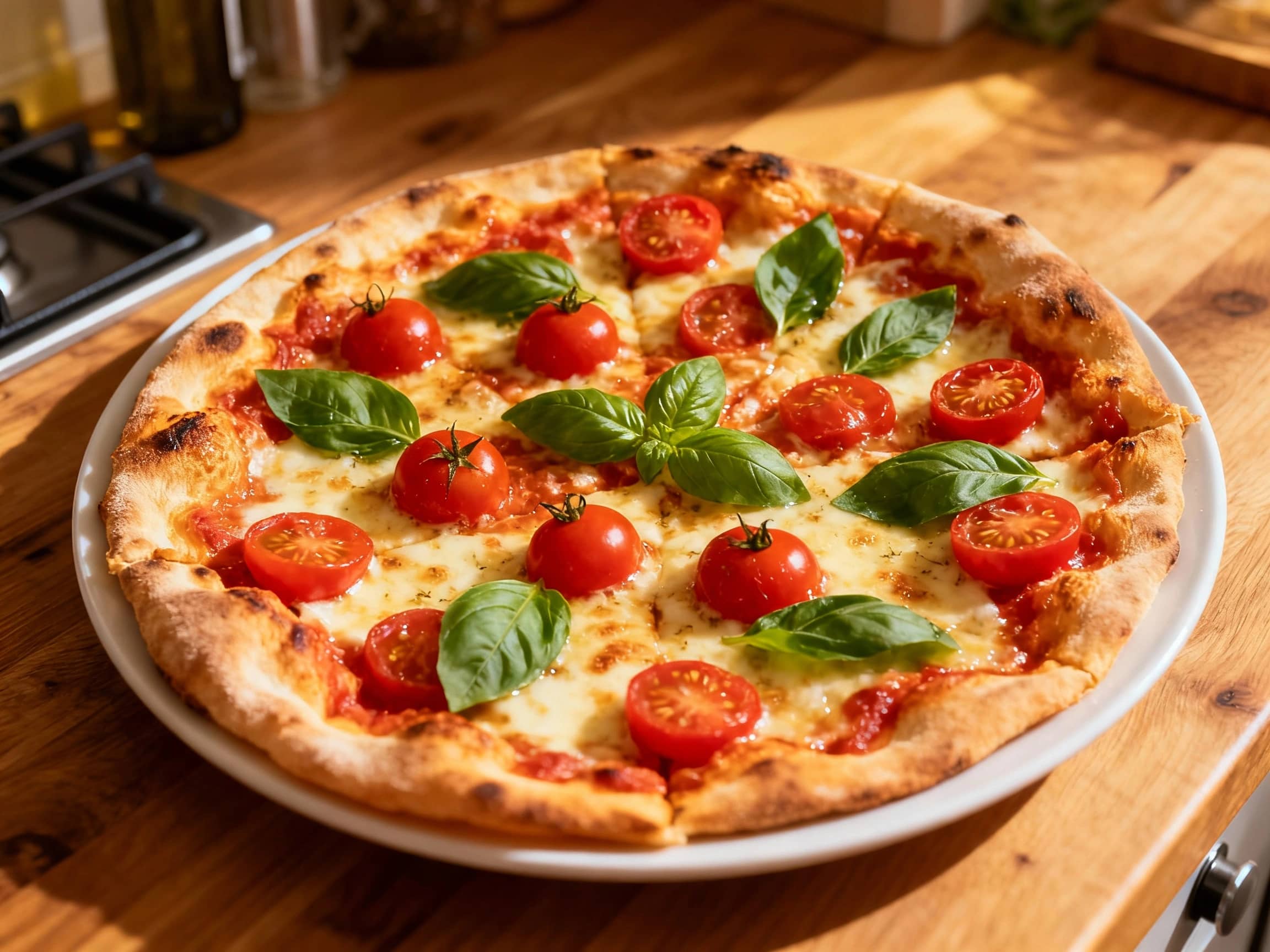 A beautiful Roman thin-crust pizza, fresh from the oven, adorned with vibrant red cherry tomatoes and bright green basil leaves. The thin, golden-brown crust is visibly crisp and slightly blistered. The juicy tomatoes are softened and glistening with olive oil, scattered alongside fragrant basil. The pizza is presented on a rustic surface, invitingly warm and ready to be enjoyed.