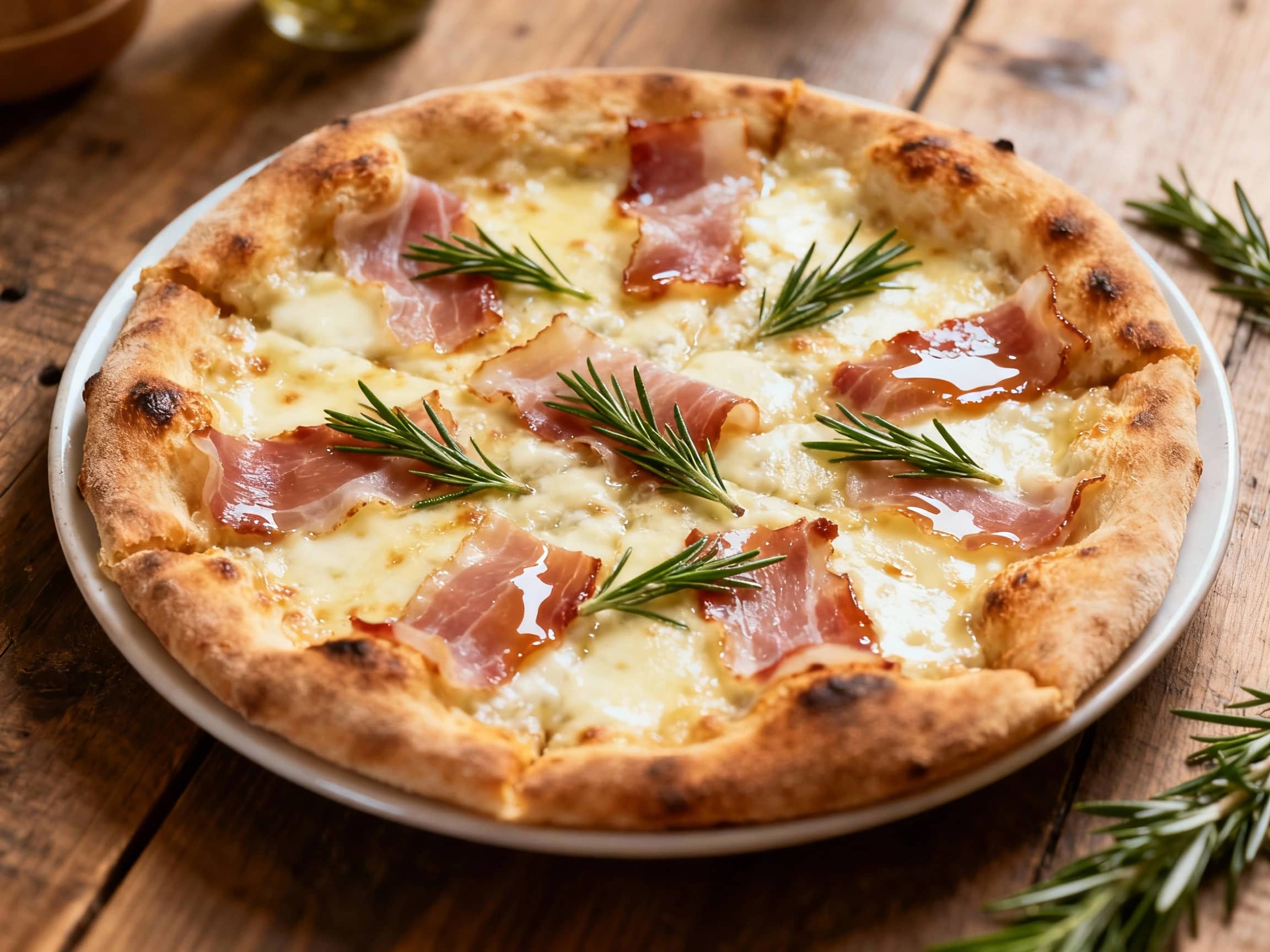 A rustic Roman white pizza, glistening with rich lardo and fragrant rosemary, is artfully presented on a wooden board, bathed in soft, inviting light.