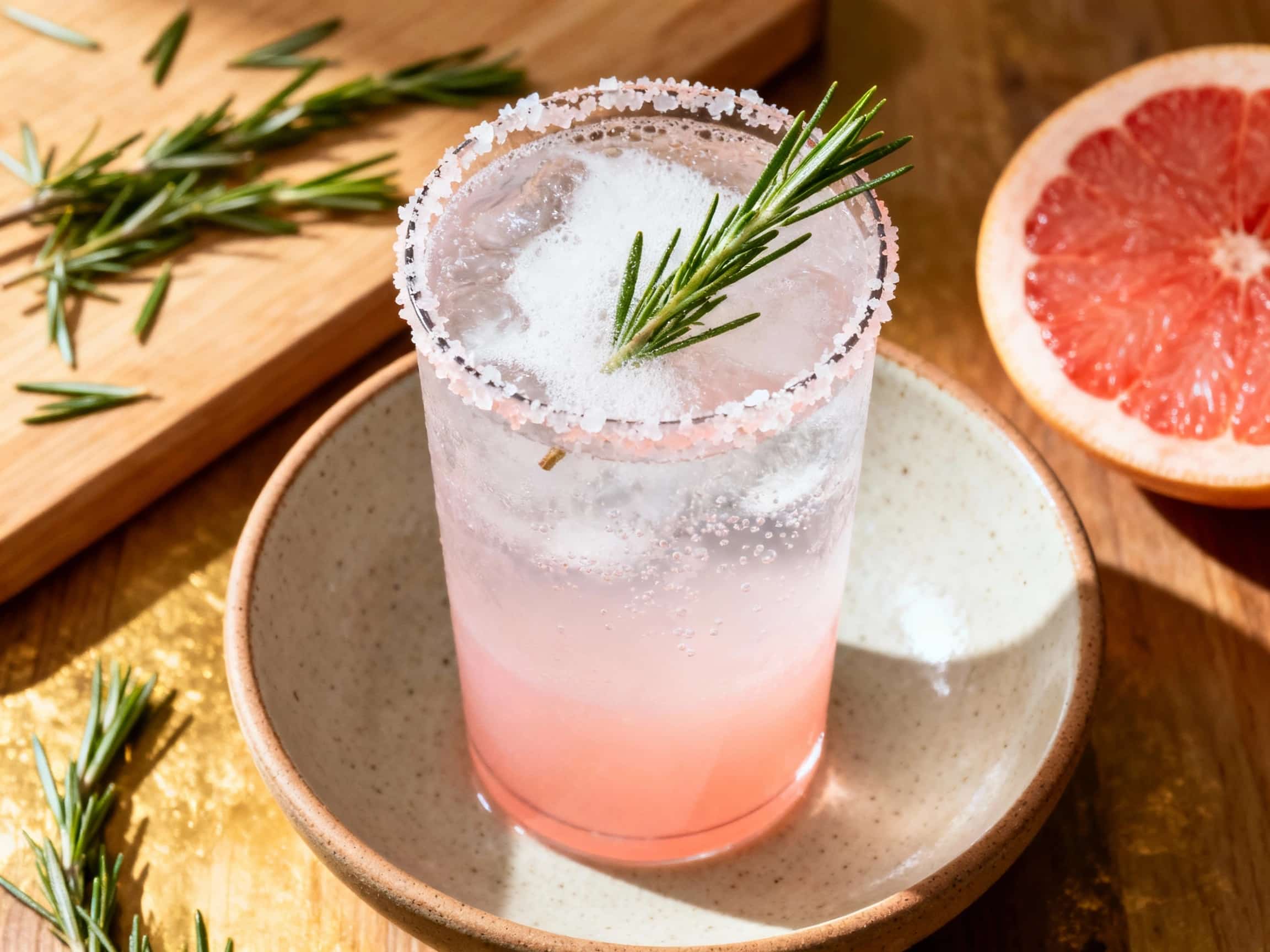 A tall glass containing a Rosemary Grapefruit Sparkler, a non-alcoholic, sparkling pink drink. It's garnished with a green rosemary sprig and a thin slice of grapefruit. The drink looks refreshing and effervescent against a softly lit, bright background, suggesting a perfect summer beverage.