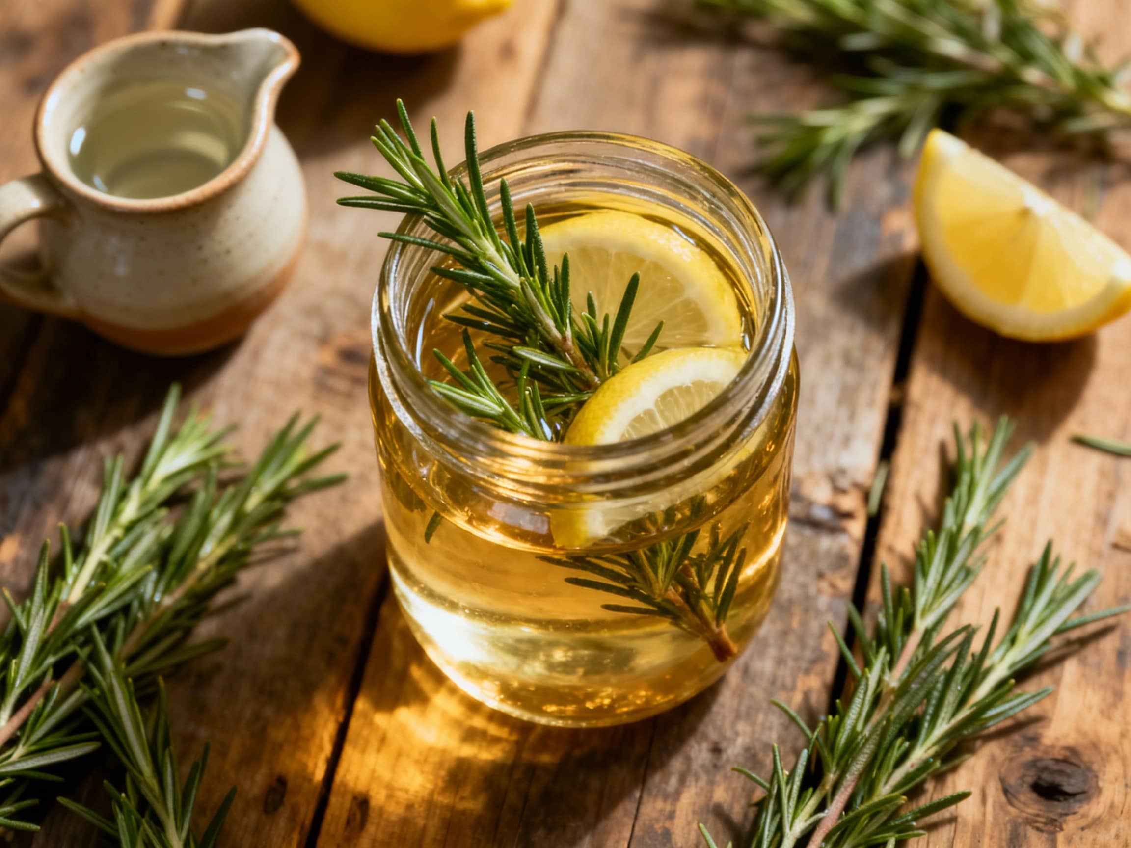 Clear vodka bubbles gently in a glass jar, infused with fresh green rosemary sprigs and bright yellow lemon slices, hinting at a zesty, herbal cocktail.