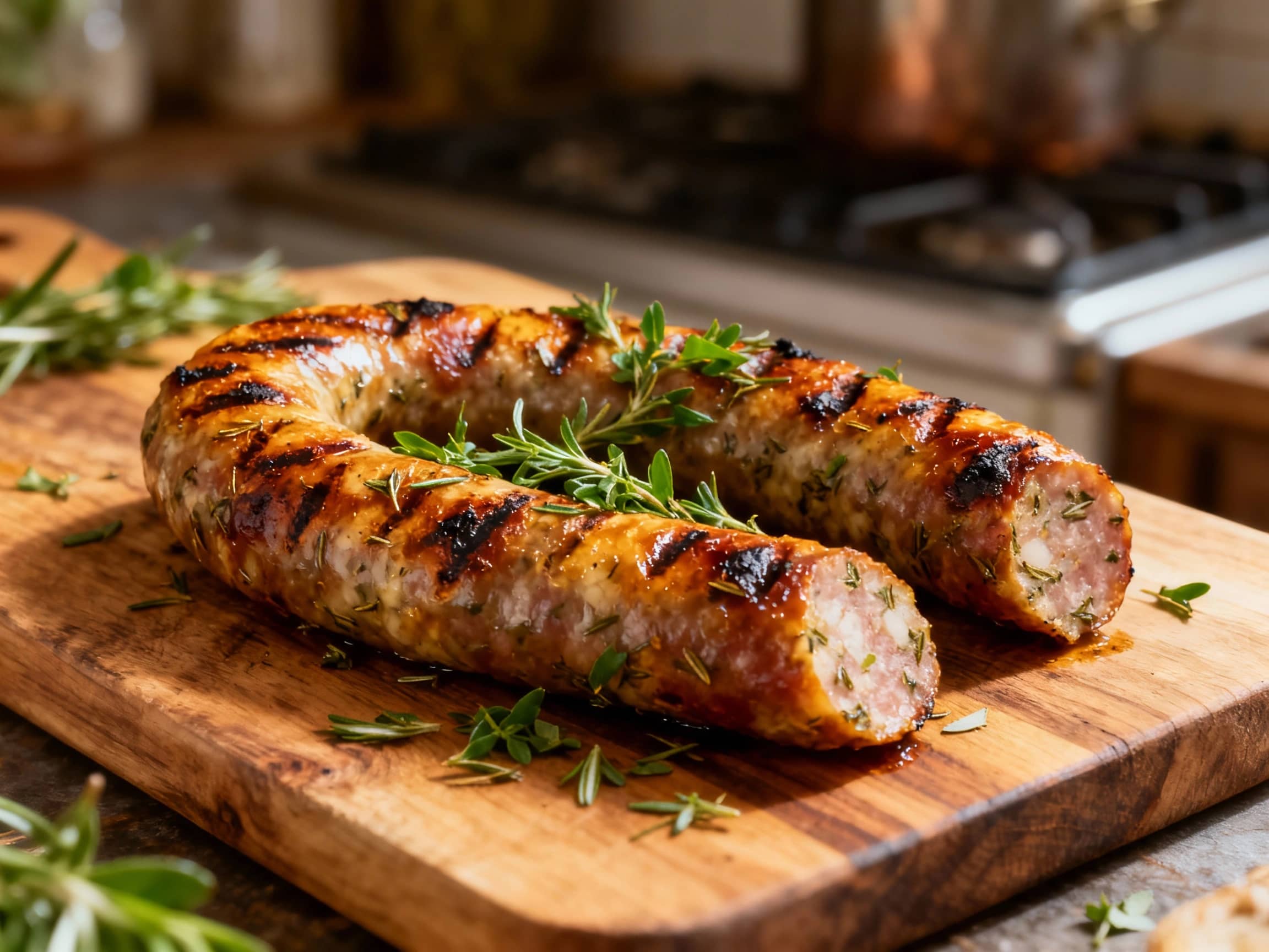 A beautifully grilled saucisson rests on a rustic wooden board, glistening with char marks and sprinkled generously with fresh Herbes de Provence, evoking a warm, outdoor dining experience.