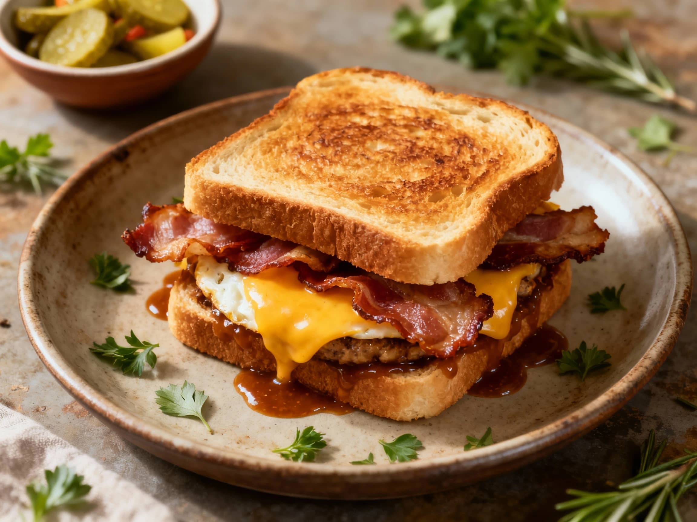 A hearty sandwich with a toasted bun, a fried egg, melty cheese, and crispy bacon on a wooden board, evoking a cozy morning meal.