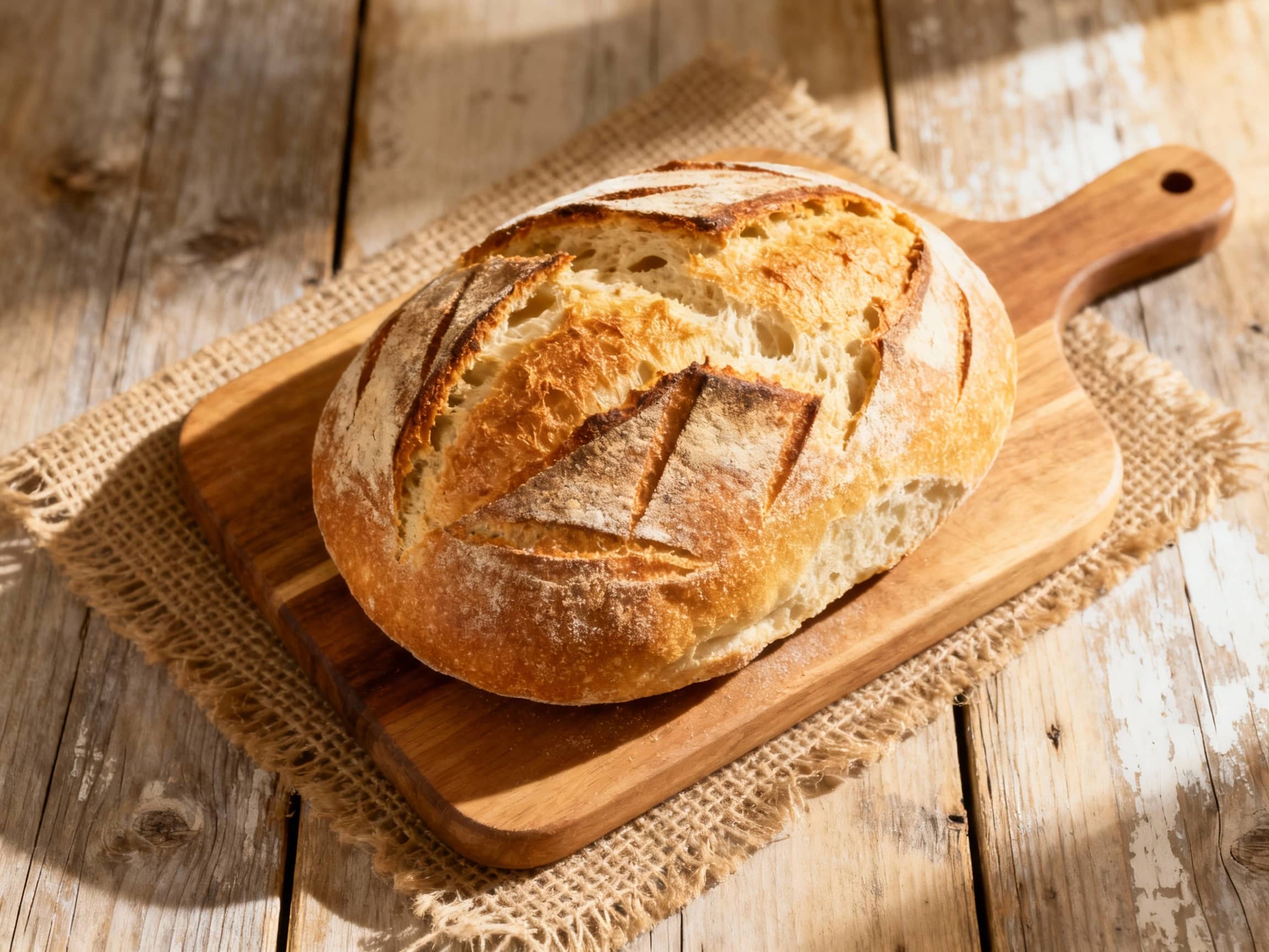 A golden-brown, rustic sourdough loaf with a hearty crust sits on a wooden cutting board, dusted with flour and ready to be sliced.
