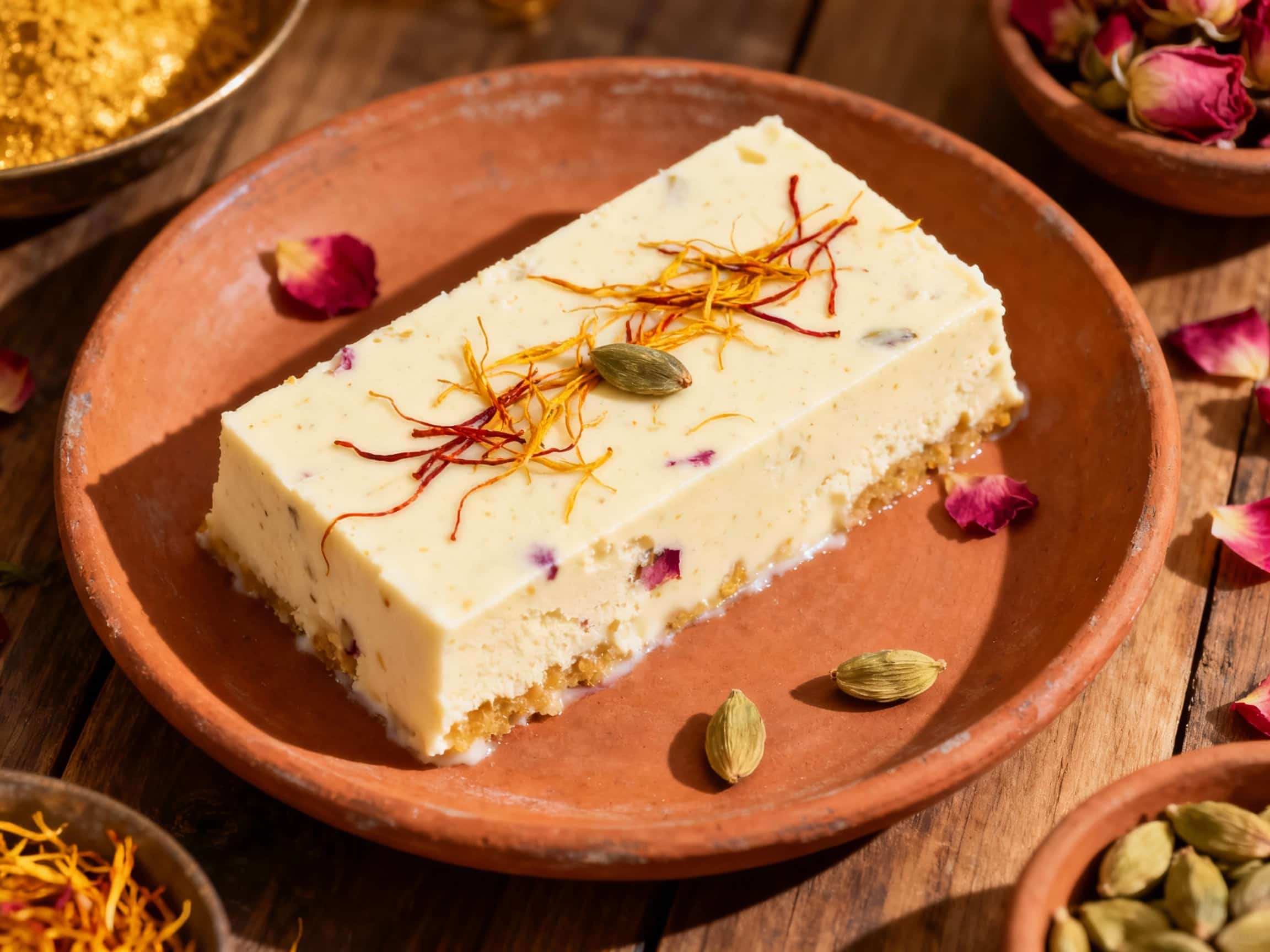 An elegant, golden-hued slice of Saffron Cardamom Rose Kulfi Terrine, neatly presented on a pristine white rectangular plate. The frozen dessert, infused with the warm spices of cardamom and the floral notes of rose, is garnished with a generous sprinkle of toasted green pistachios and slivered almonds. Delicate pink rose petals are artfully placed, and a thin, artistic drizzle of rose syrup compl