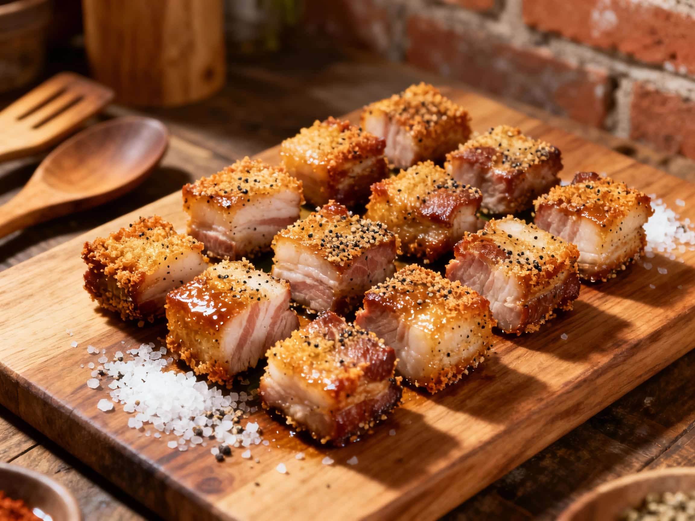A mound of golden brown, incredibly crispy Salt and Pepper Crusted Pork Belly Bites with visible salt and pepper flakes, arranged appetizingly on a rustic wooden board. The bites have a delicious, rich texture, some glistening with rendered fat. A small bowl of light brown dipping sauce sits subtly in the background, suggesting a delightful contrast to the savory pork.
