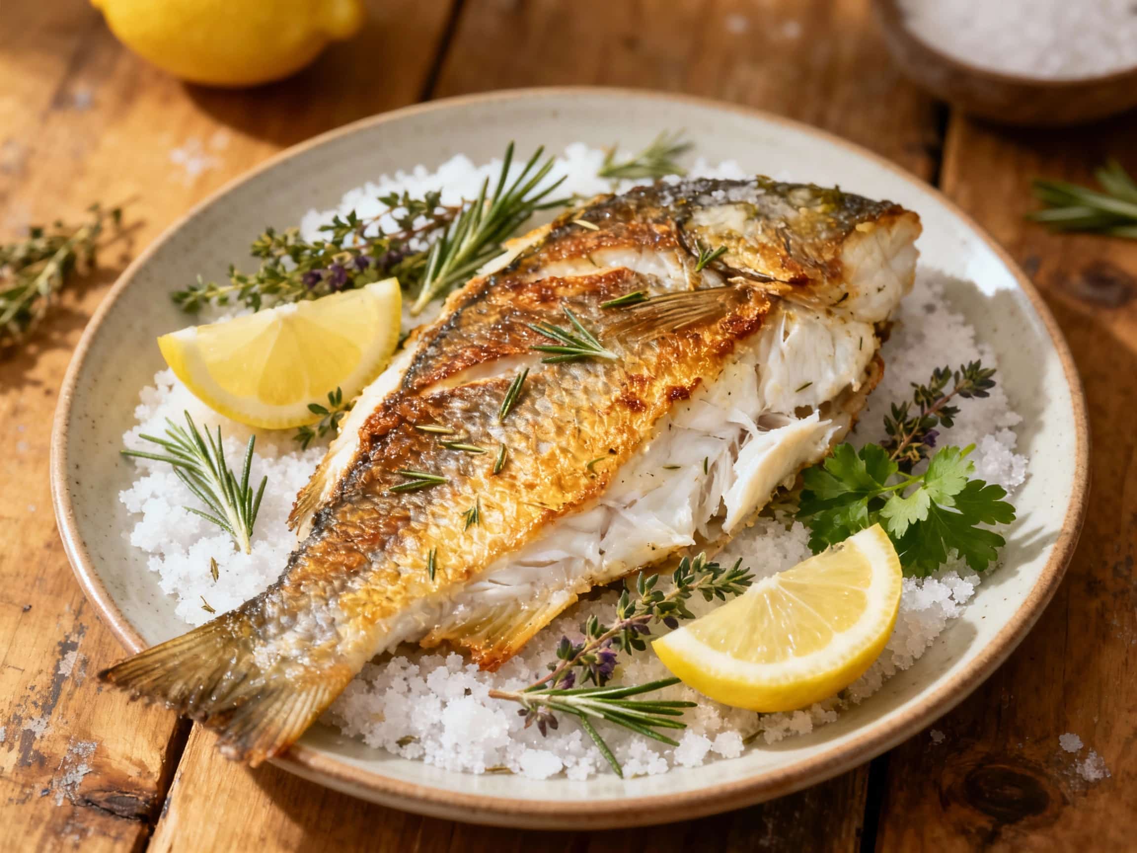 A large, rustic ceramic platter overflows with flaky, perfectly cooked salt-baked cod, glistening from olive oil, nestled amongst vibrant lemon slices, fresh rosemary sprigs, and a scattering of sea salt.