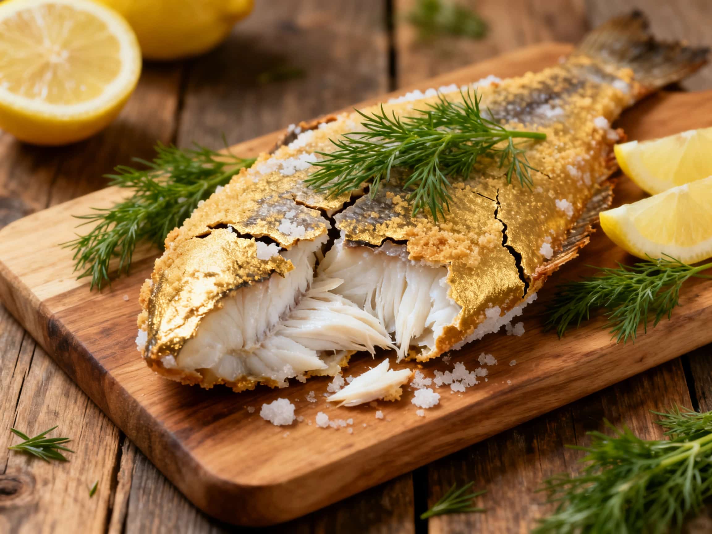 A dramatically presented baked halibut, still in its cracked salt crust on a rustic wooden board, with steam gently rising. Inside, flaky white fish is visible, garnished with fresh green dill and vibrant yellow lemon slices. The overall presentation is elegant and highlights the dish's freshness.