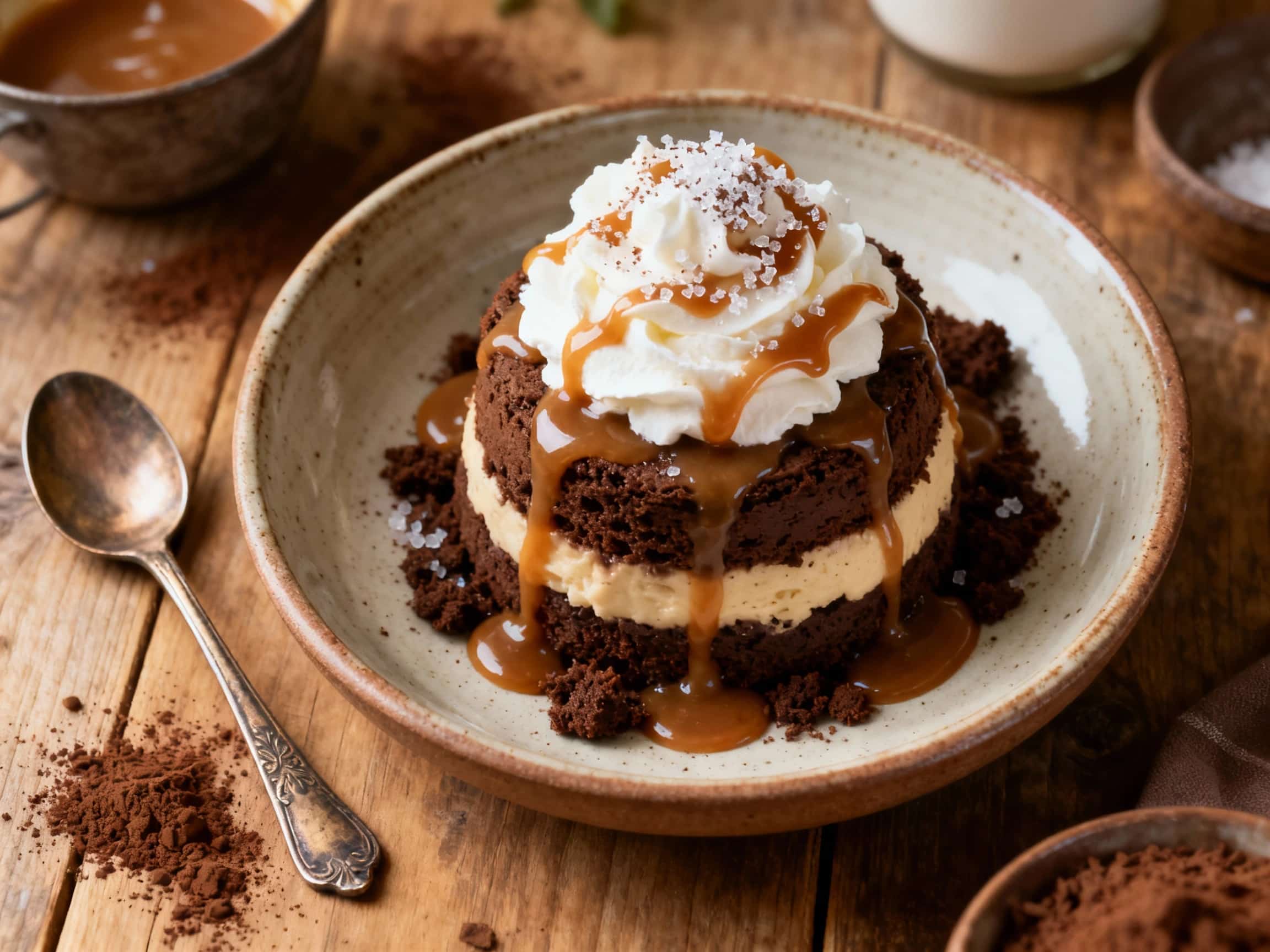 A rich chocolate mud cake parfait is layered with glistening salted caramel sauce and topped with whipped cream and chocolate shavings for a decadent dessert.